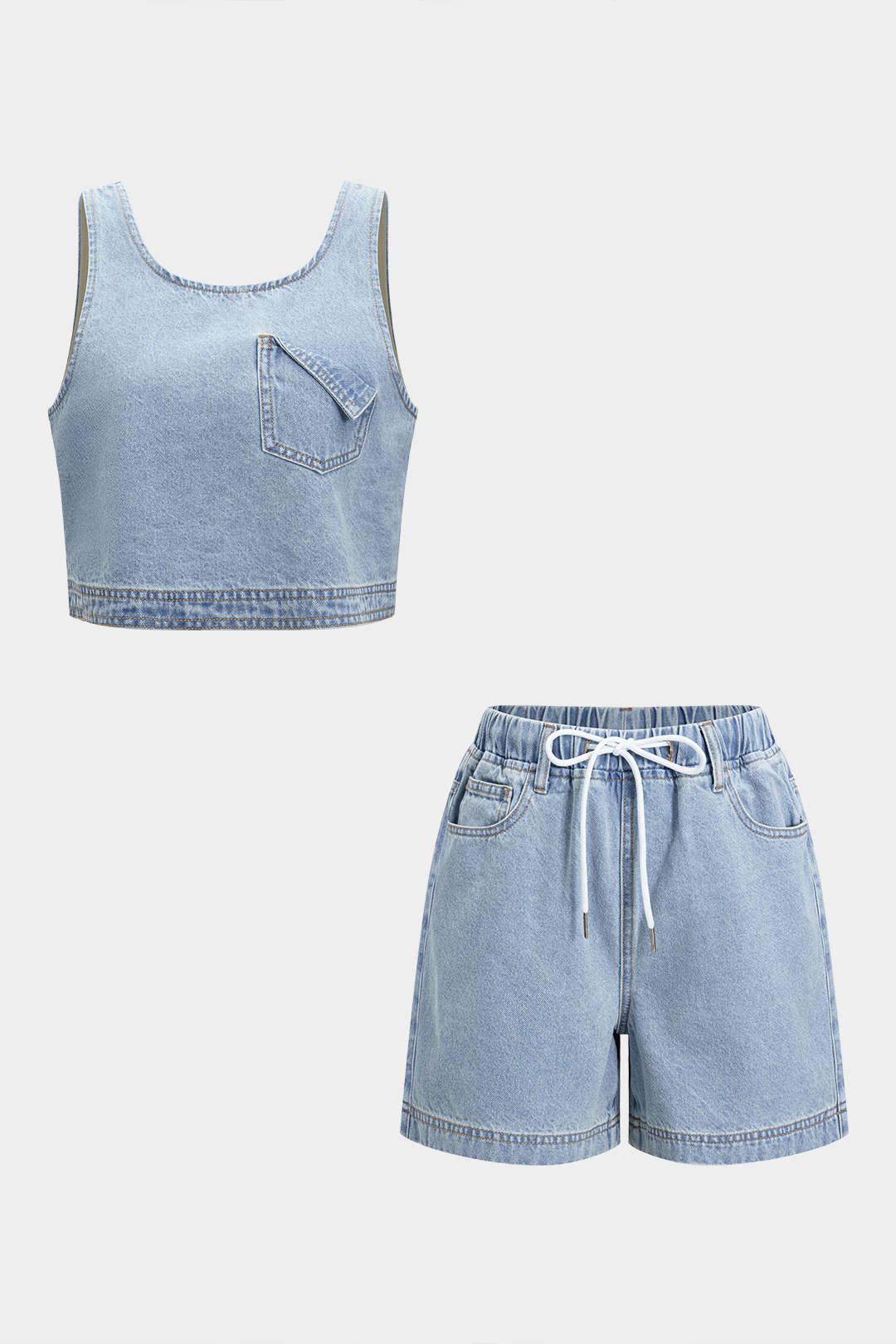 Denim Pocket Tank Top And Drawstring Shorts Set