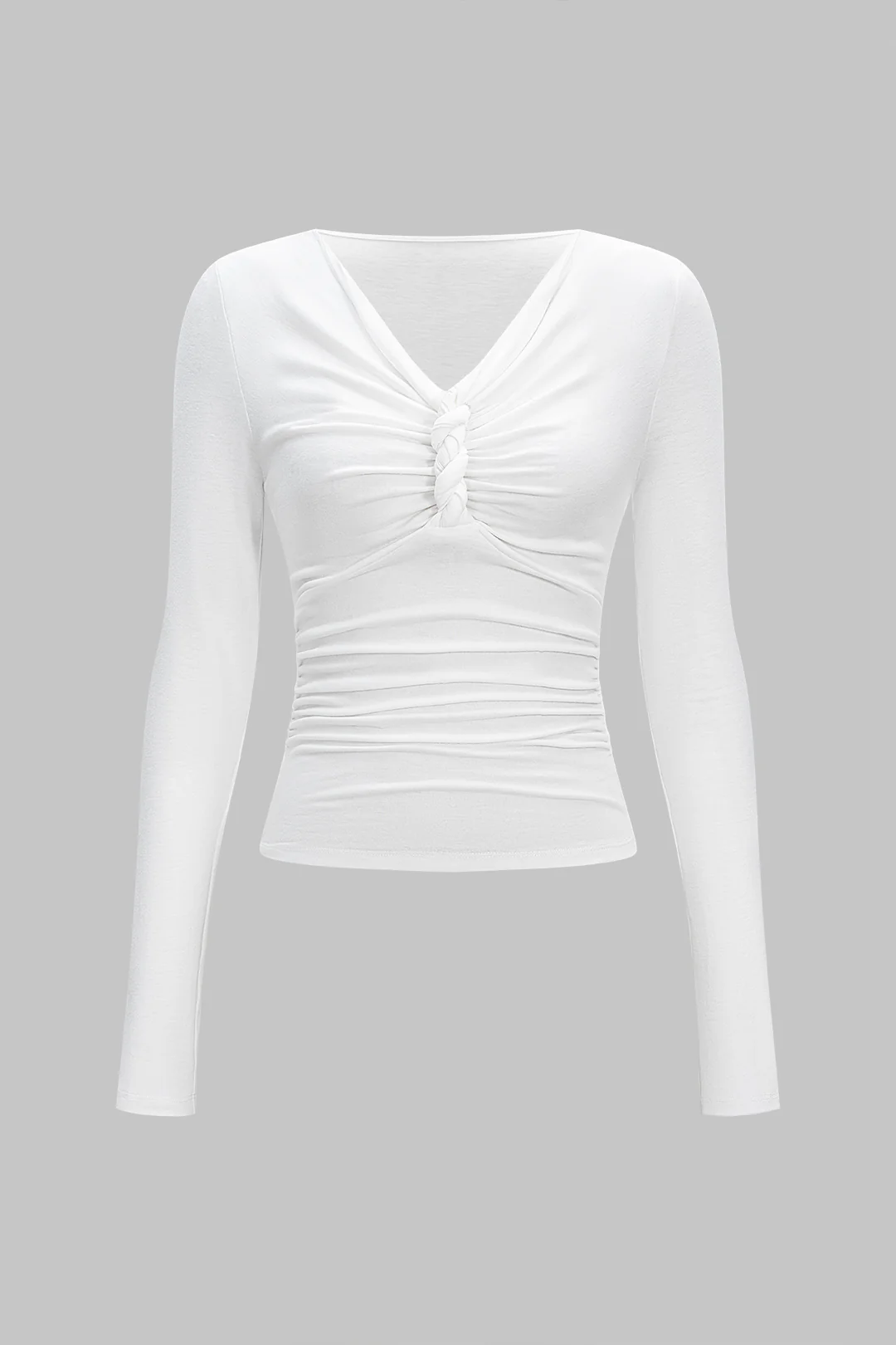 Ruched V-Neck Twist Knot Long-Sleeve Top