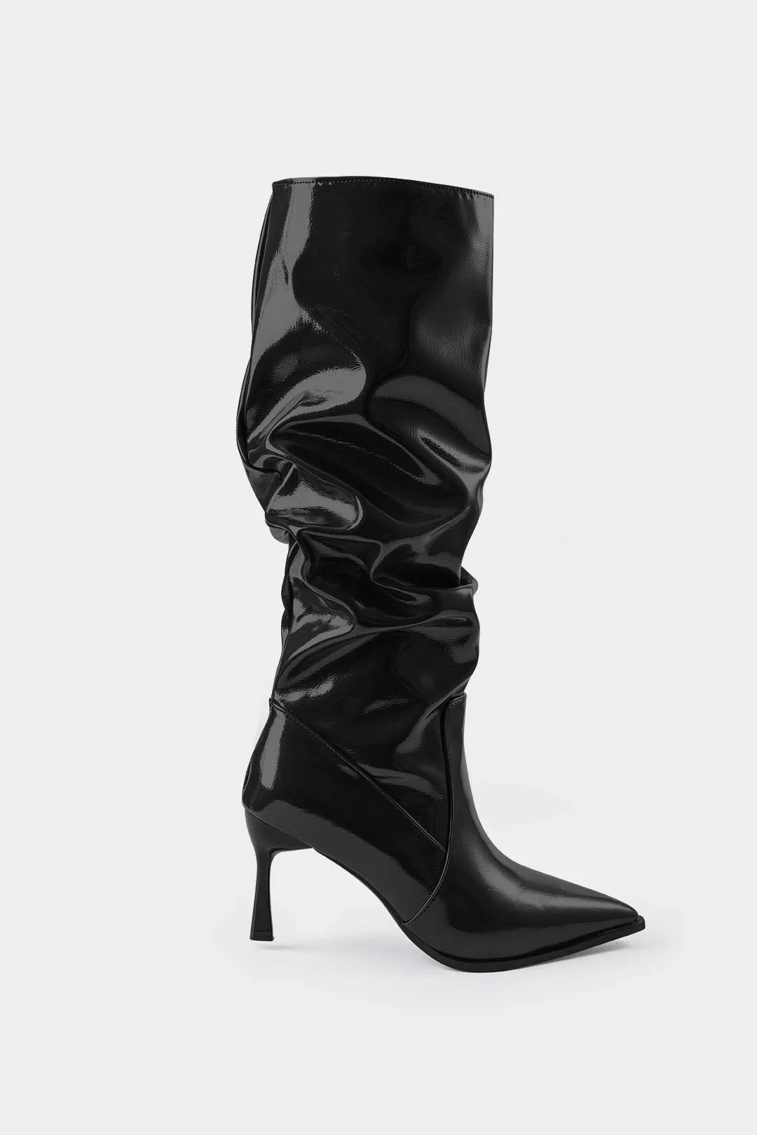 Faux Leather Ruched Pointed Toe Knee-High Boots
