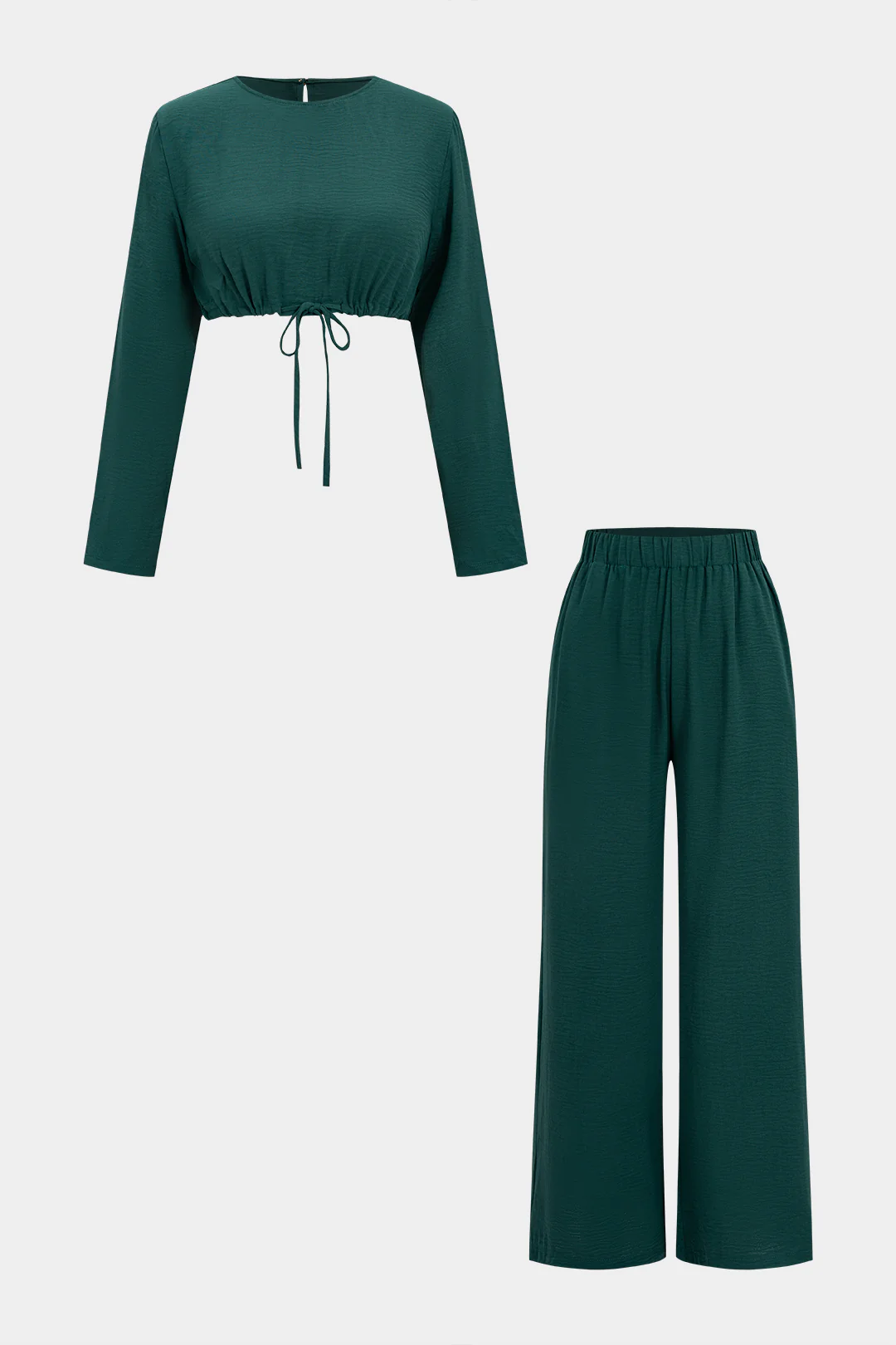 Tie-Up V-Neck Long-Sleeve Top and Wide-Leg Trousers Set