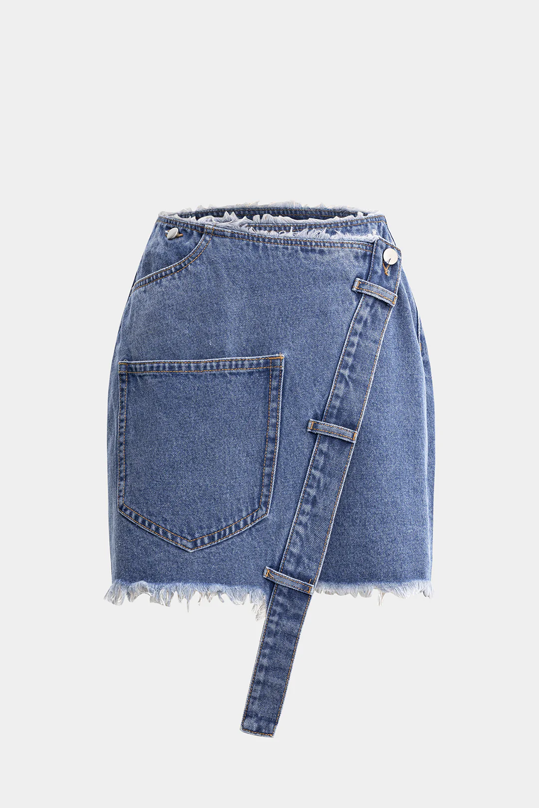 Asymmetrical Pocket Frayed Denim Skirt