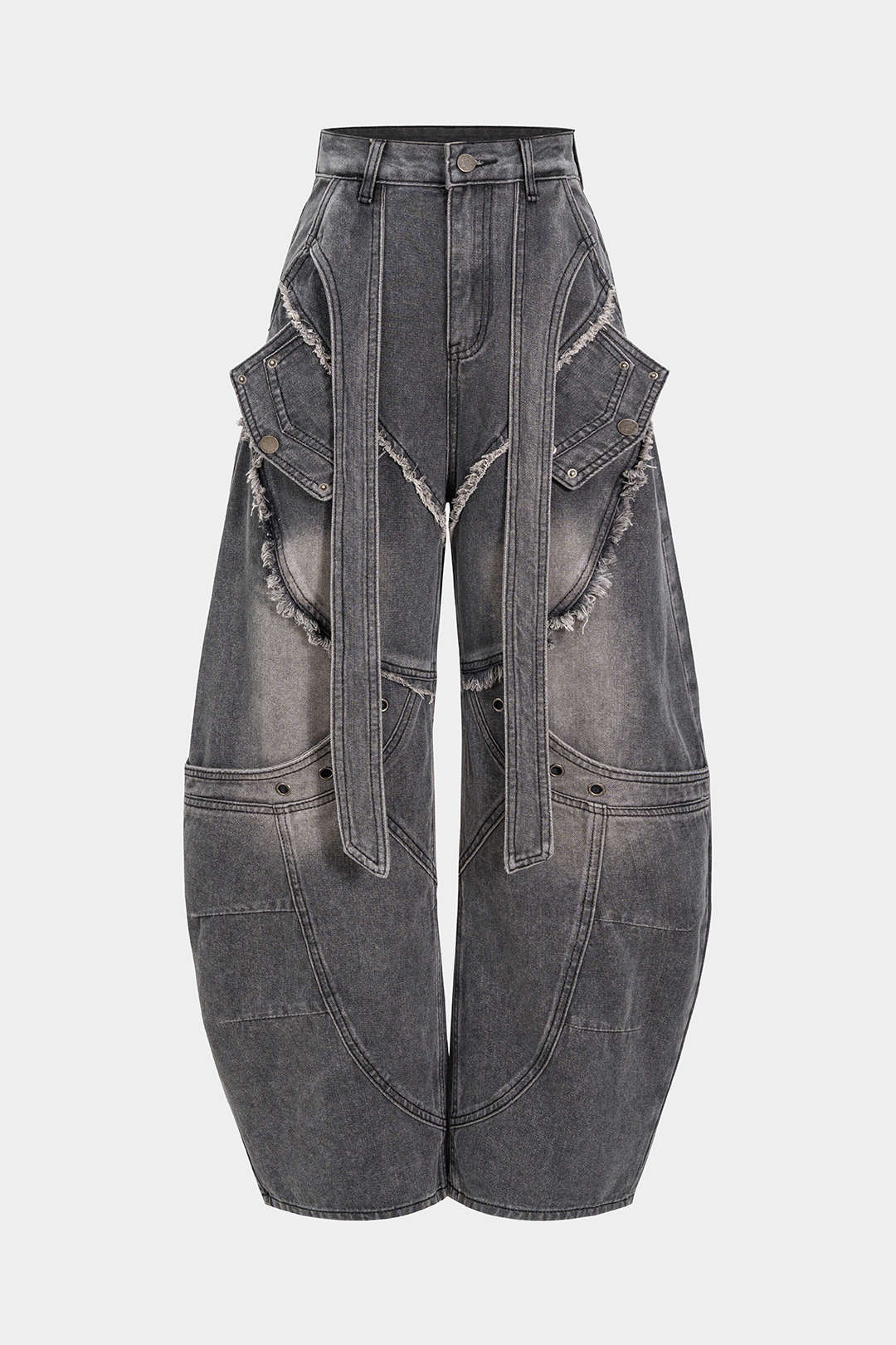 Denim Strappy Frayed Barrel Jeans