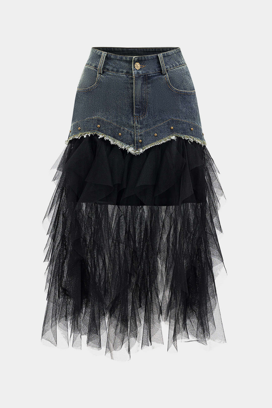 Denim Mesh Patchwork Button Pocket Skirt