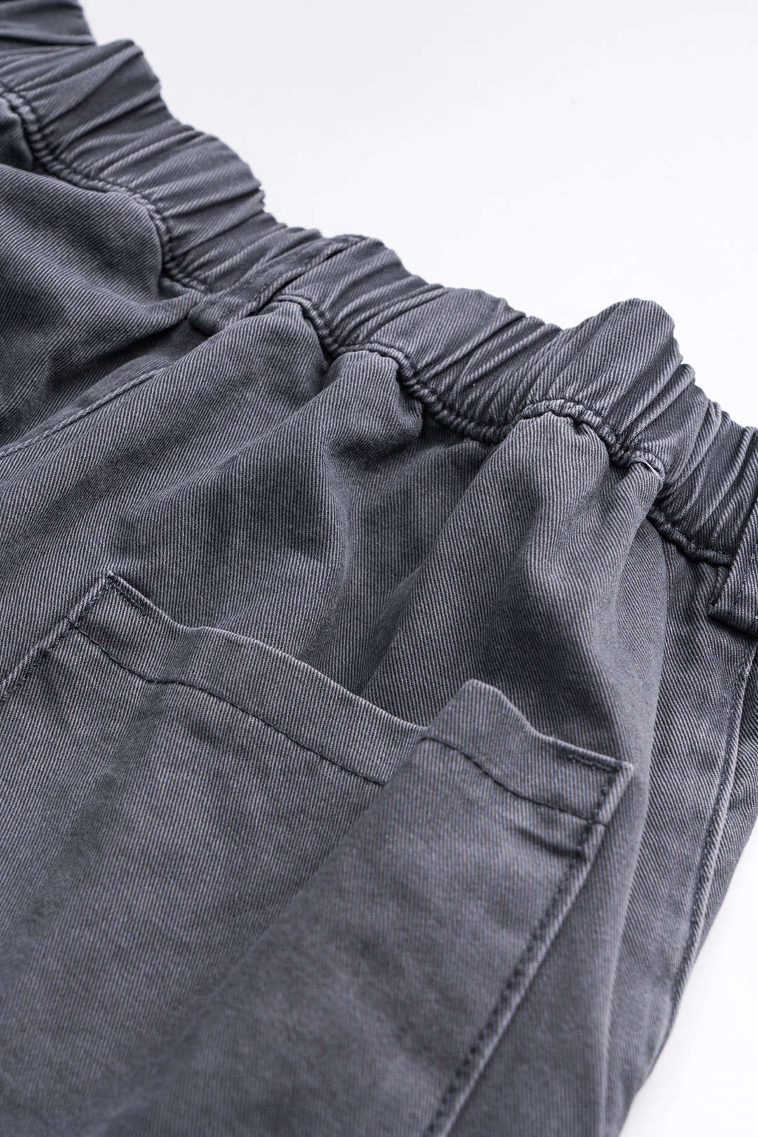 Denim Ruched Button-Pocket Wide-Leg Trousers