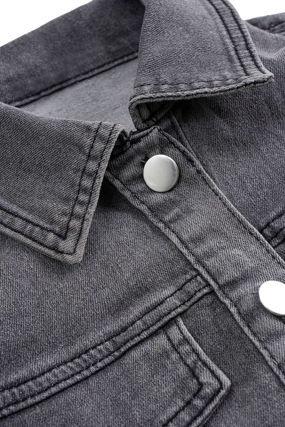 Denim Washed Button Stitching Detail Fake Pocket Long-Sleeve Top And Puff Mini Skirt Set