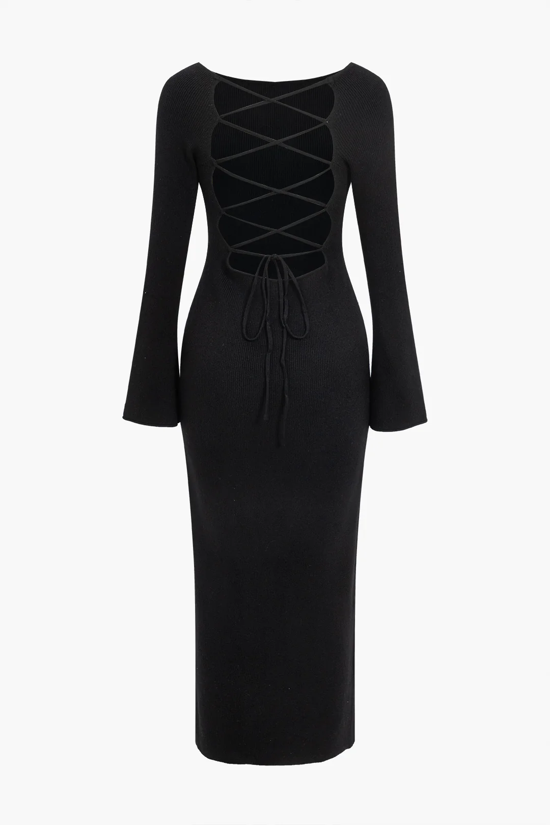 Solid Knit Bell Sleeves Lace Up Cut Out Backless Dress