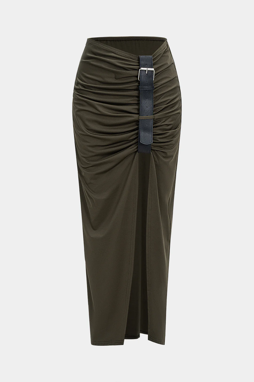 Ruched Leather Belt Decor Side Split Skirt