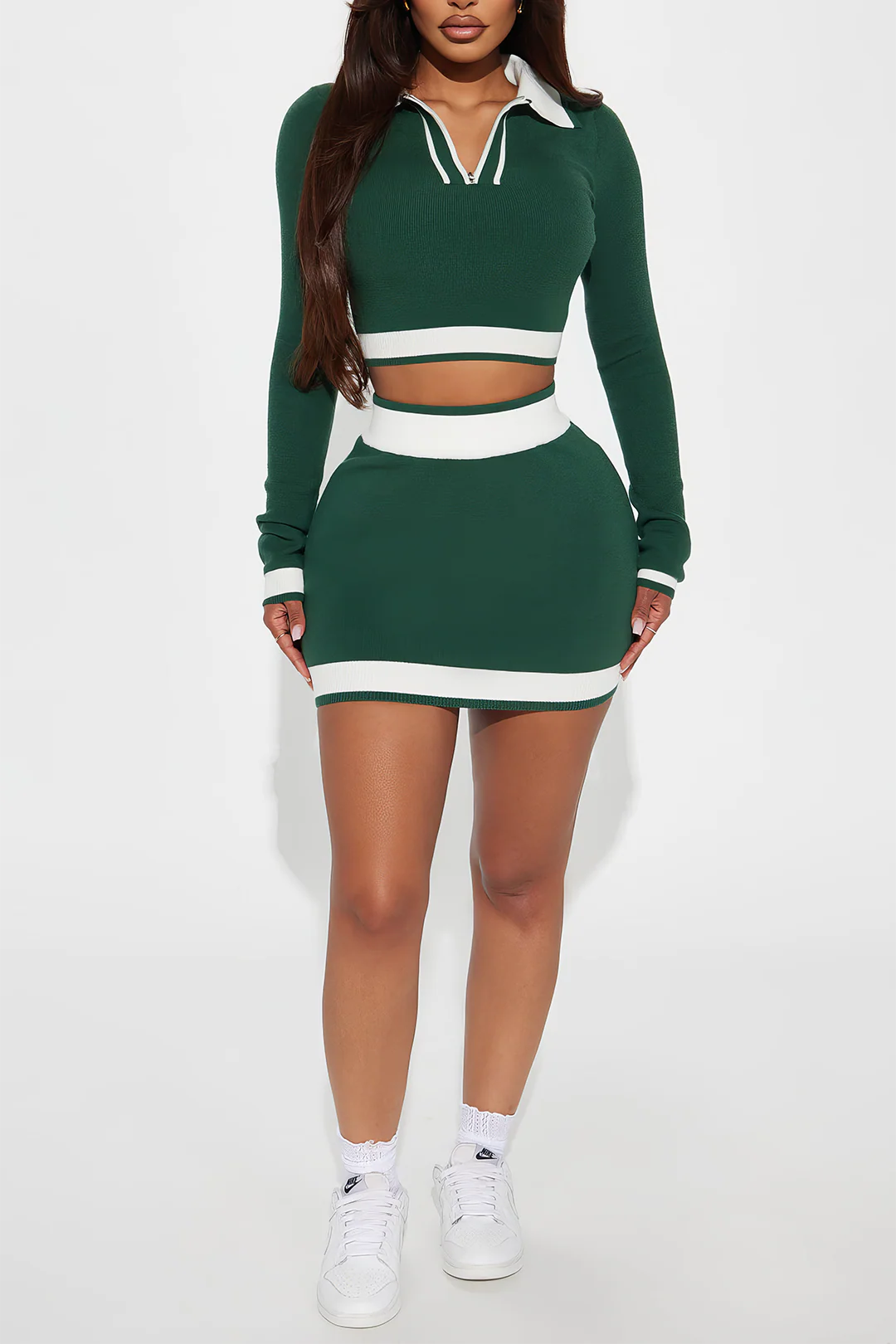 Simple Knit Contrasting Skirt Set