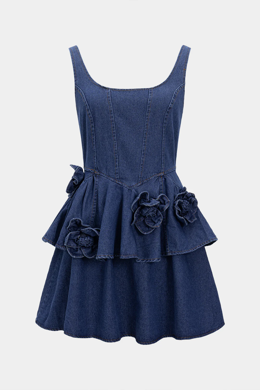 Denim 3D Floral Decor Strap Sleeveless Dress