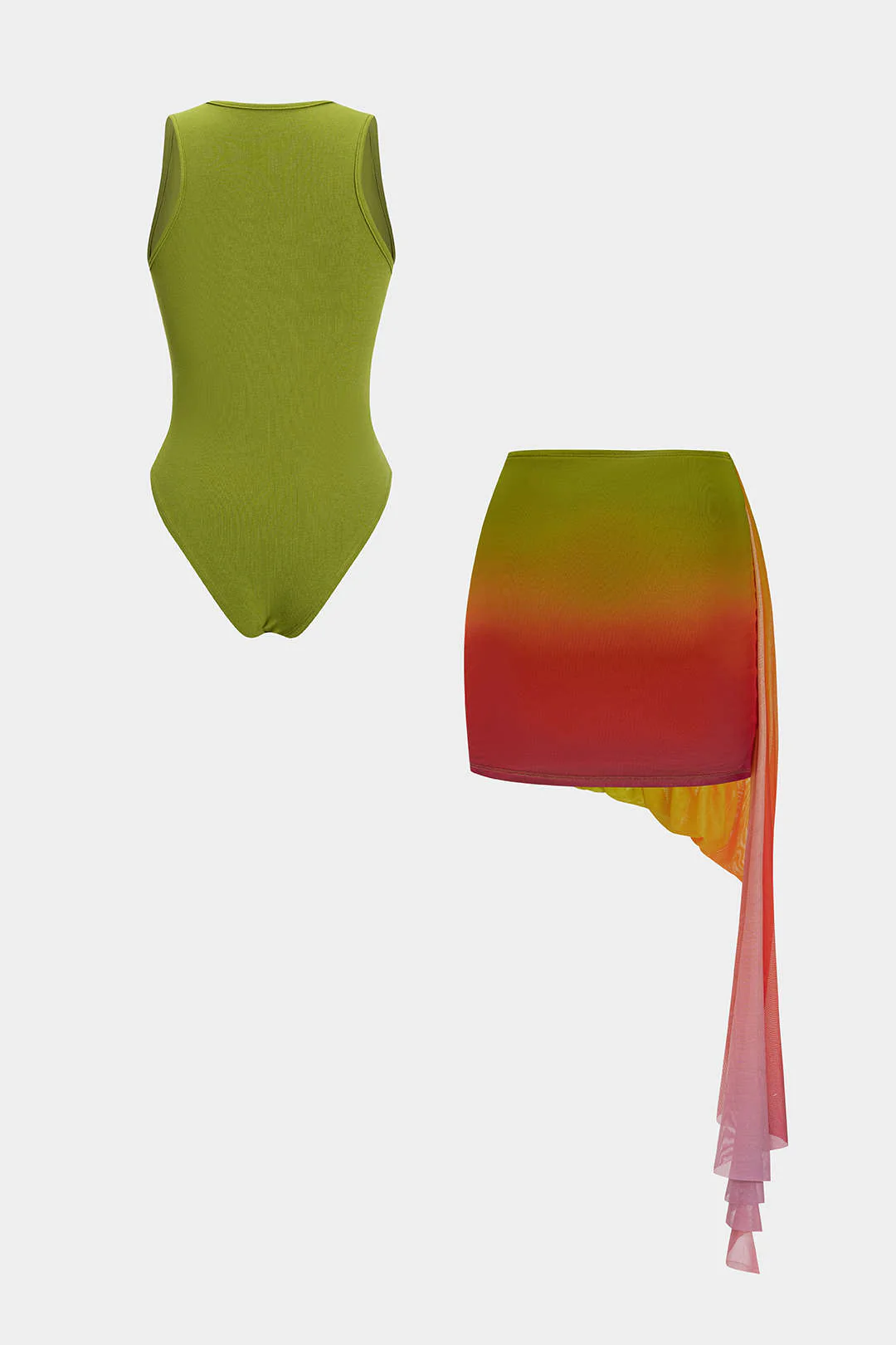 Ombre Print V-Neck Bodysuit And Asymmetrical Ruched Skirt Set