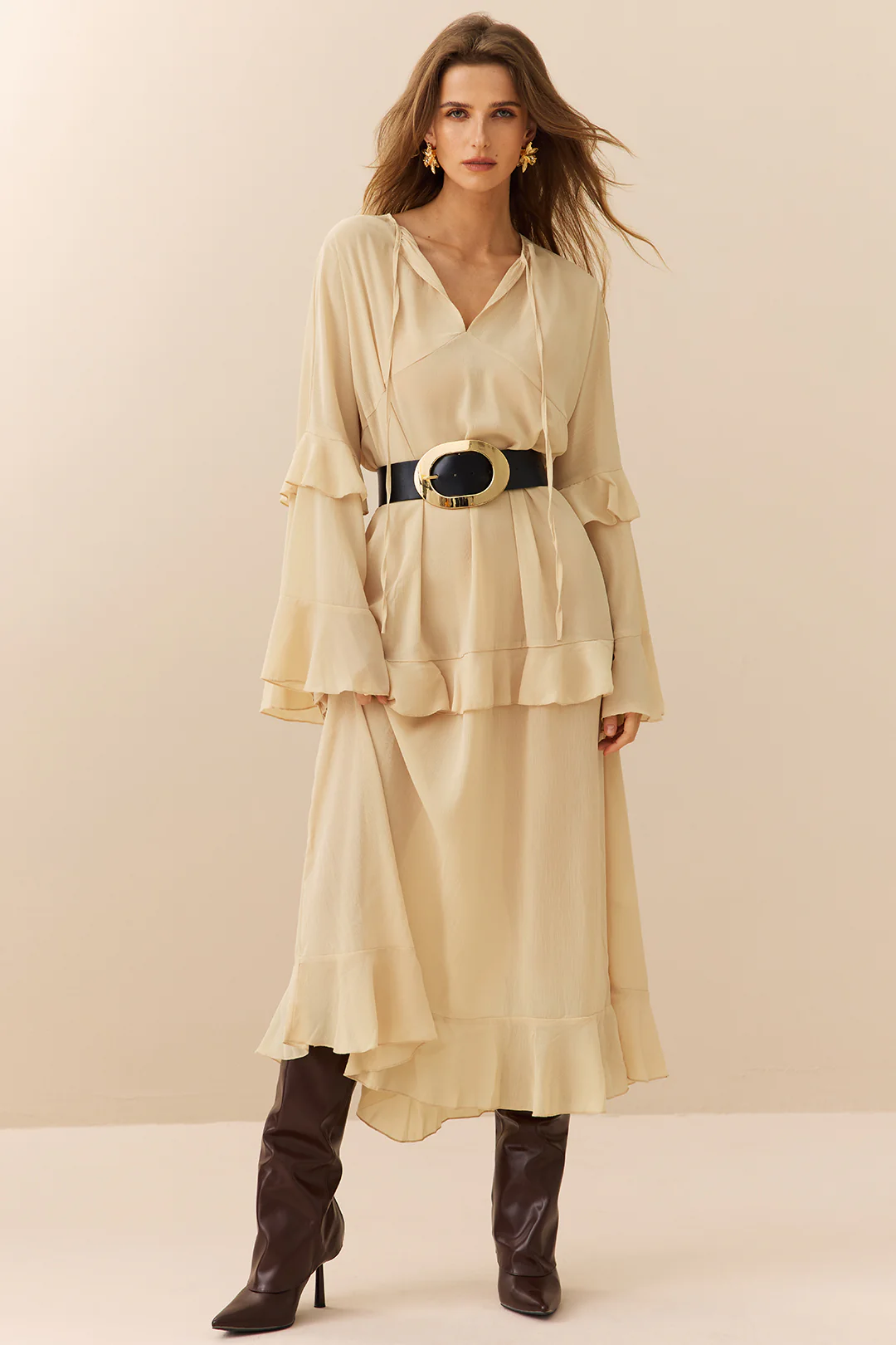 Chiffon Ruffled Bell - Sleeve V - Neck Maxi Dress