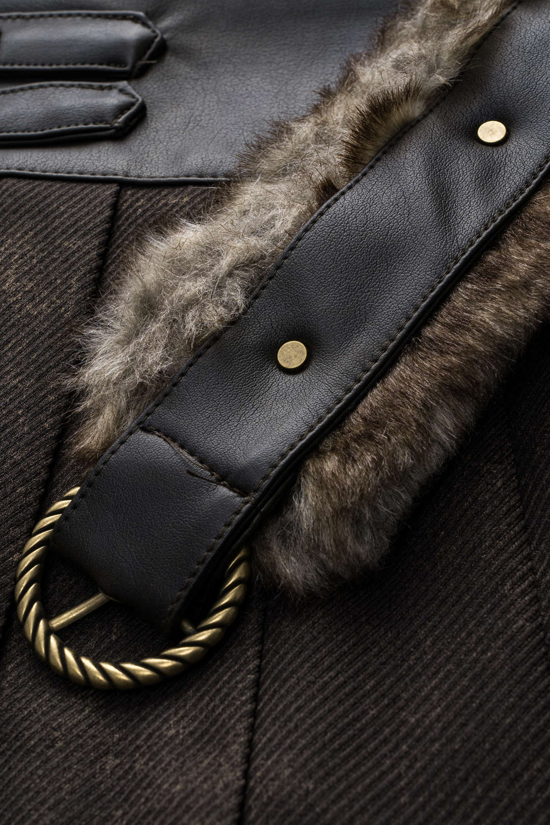 Faux Leather and Fur Patchwork Belted Chain Pleated Skirt