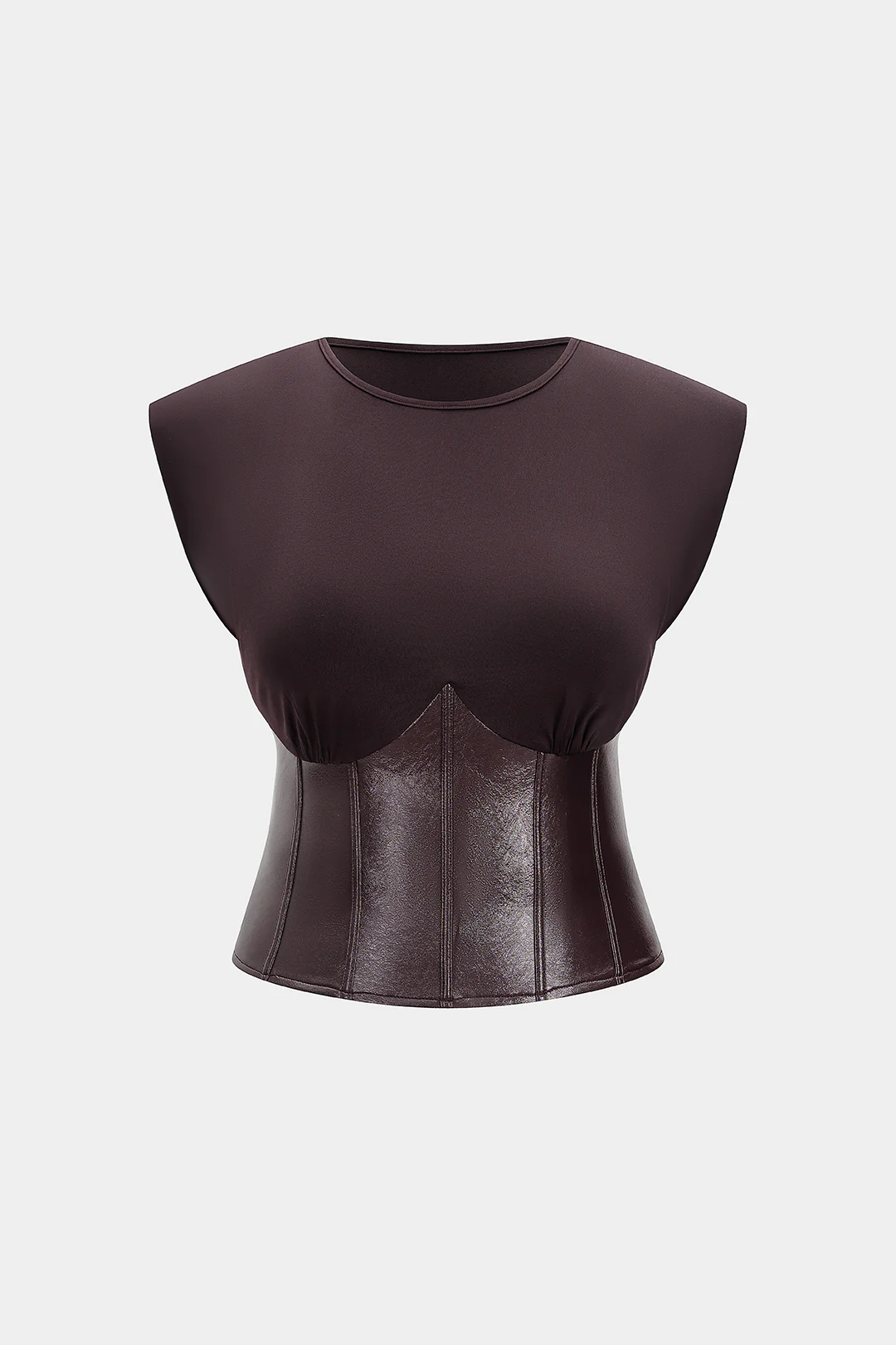 Faux Leather Round Neck Patchwork Short Sleeve T-Shirt