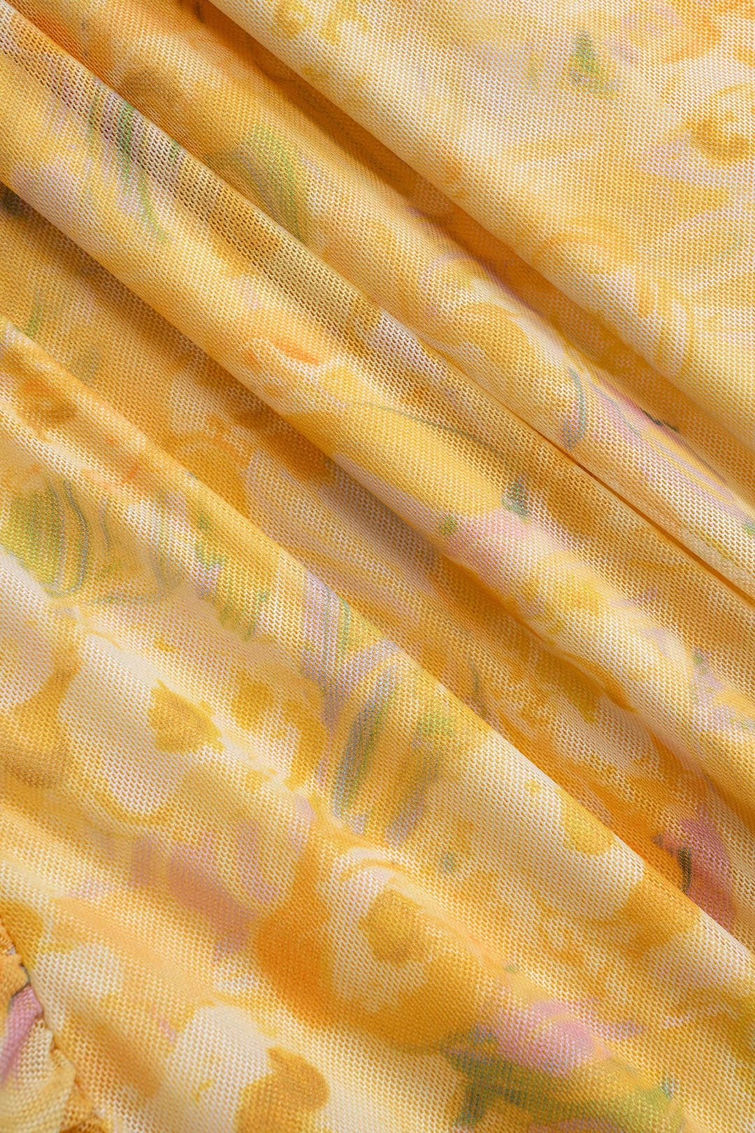 Floral Mesh Ruffled Ruched V-Neck Sleeveless Mini Dress