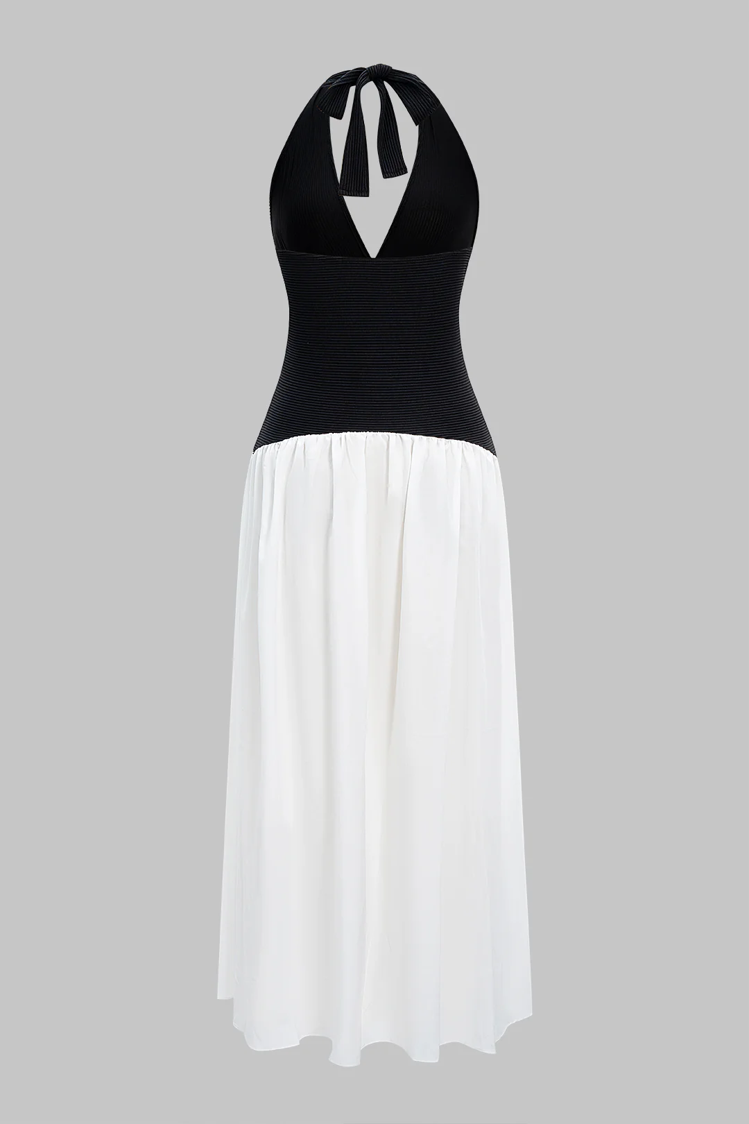 Halter Neck Contrast Metallic Decor Backless Ruched Maxi Dress