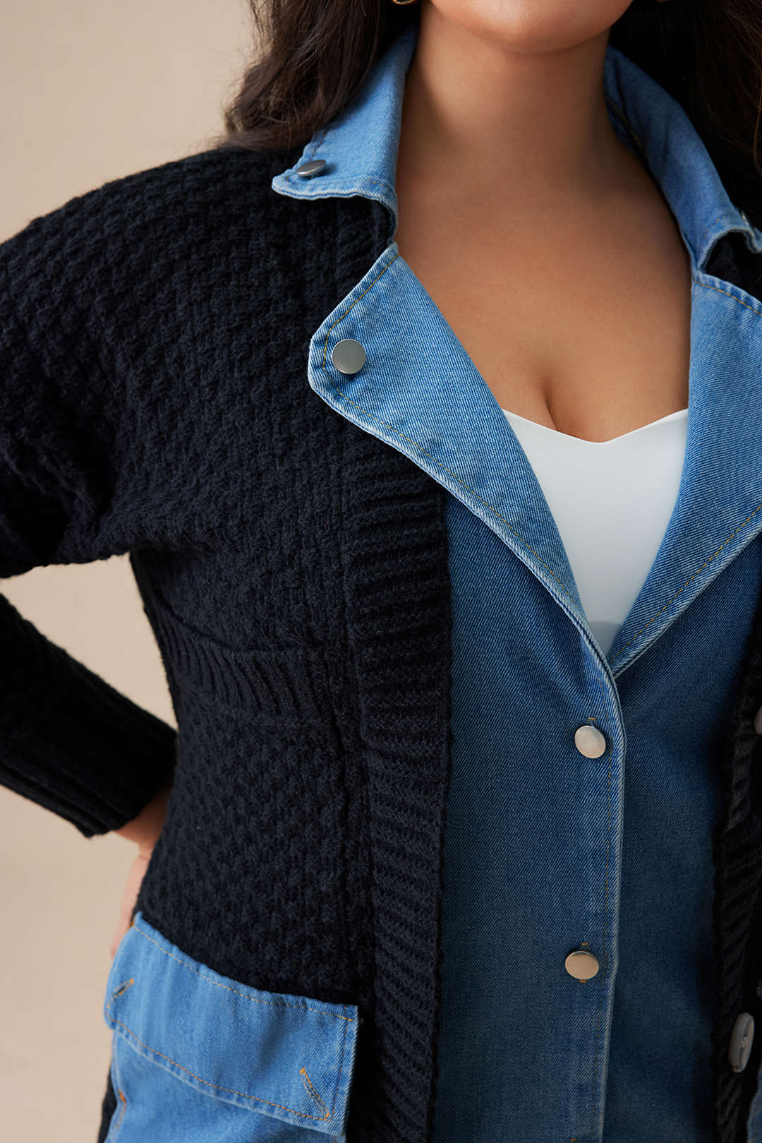 Plus Size Sweater Button Denim Patchwork Cardigan