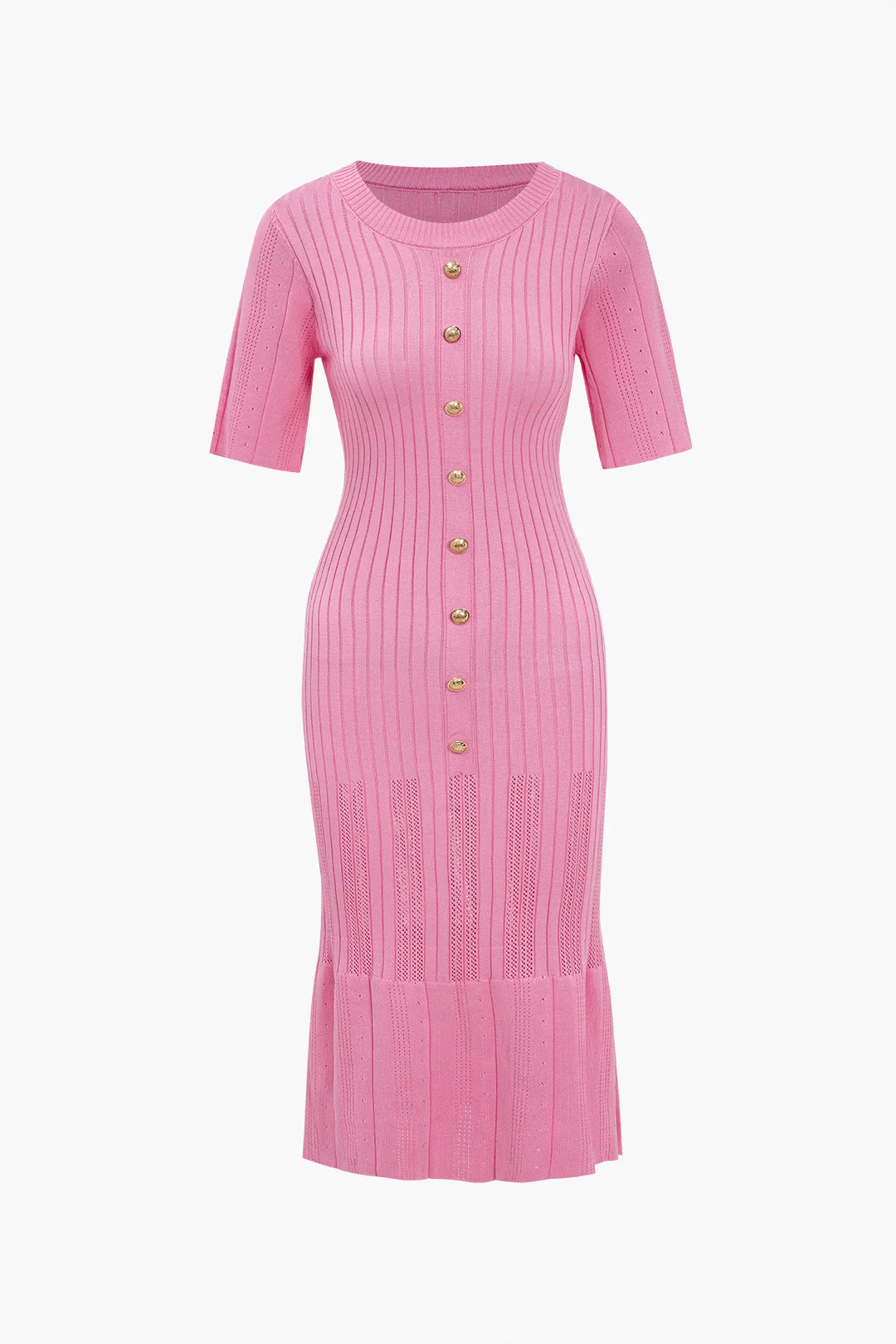 Solid Knitted Buttoned Round Neck Short Sleeve Dress