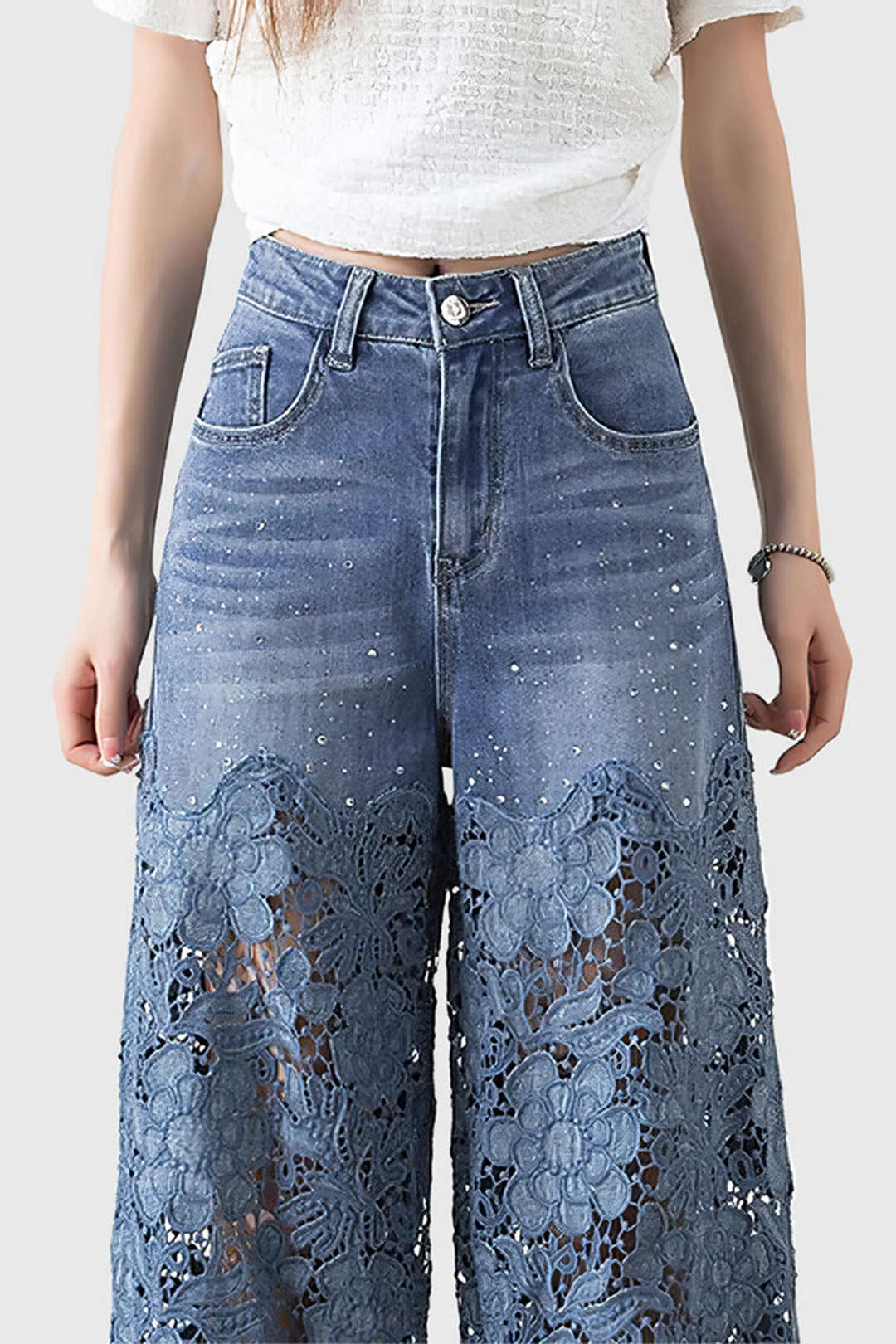 Lace Cut-Out Patchwork Wide-Leg Denim Jeans