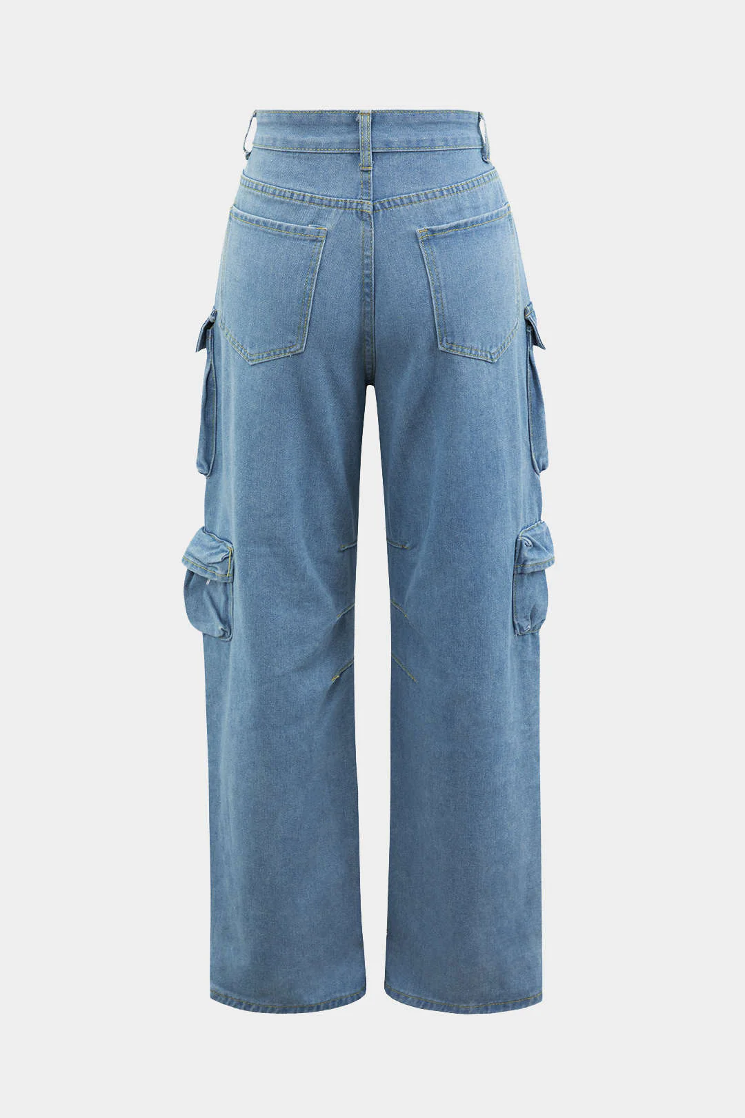 Multi-Pocket Rolled-Hem Wide-Leg Cargo Denim Jeans