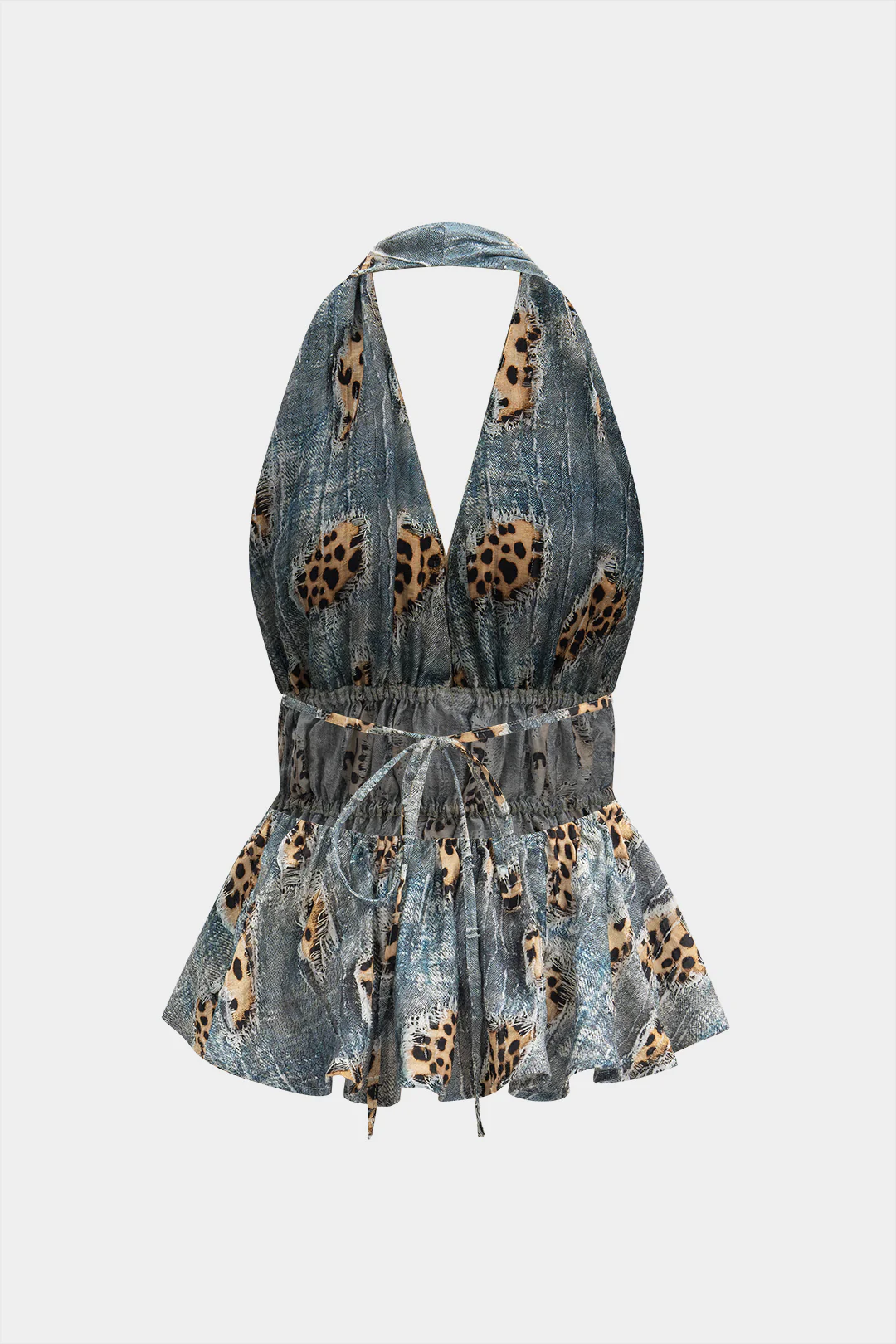 Retro Leopard Print Backless Tie-Up Ruched Drawstring Camisole Top