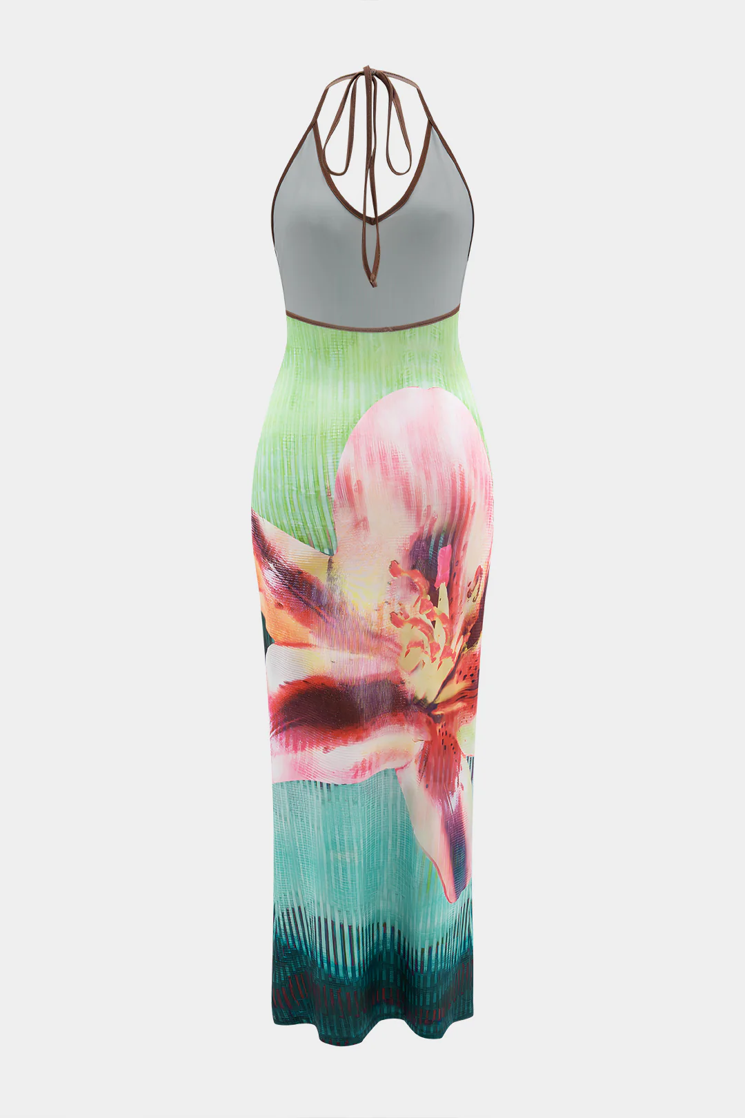 Floral Print V-Neck Halter Neck Backless Sleeveless Midi Dress