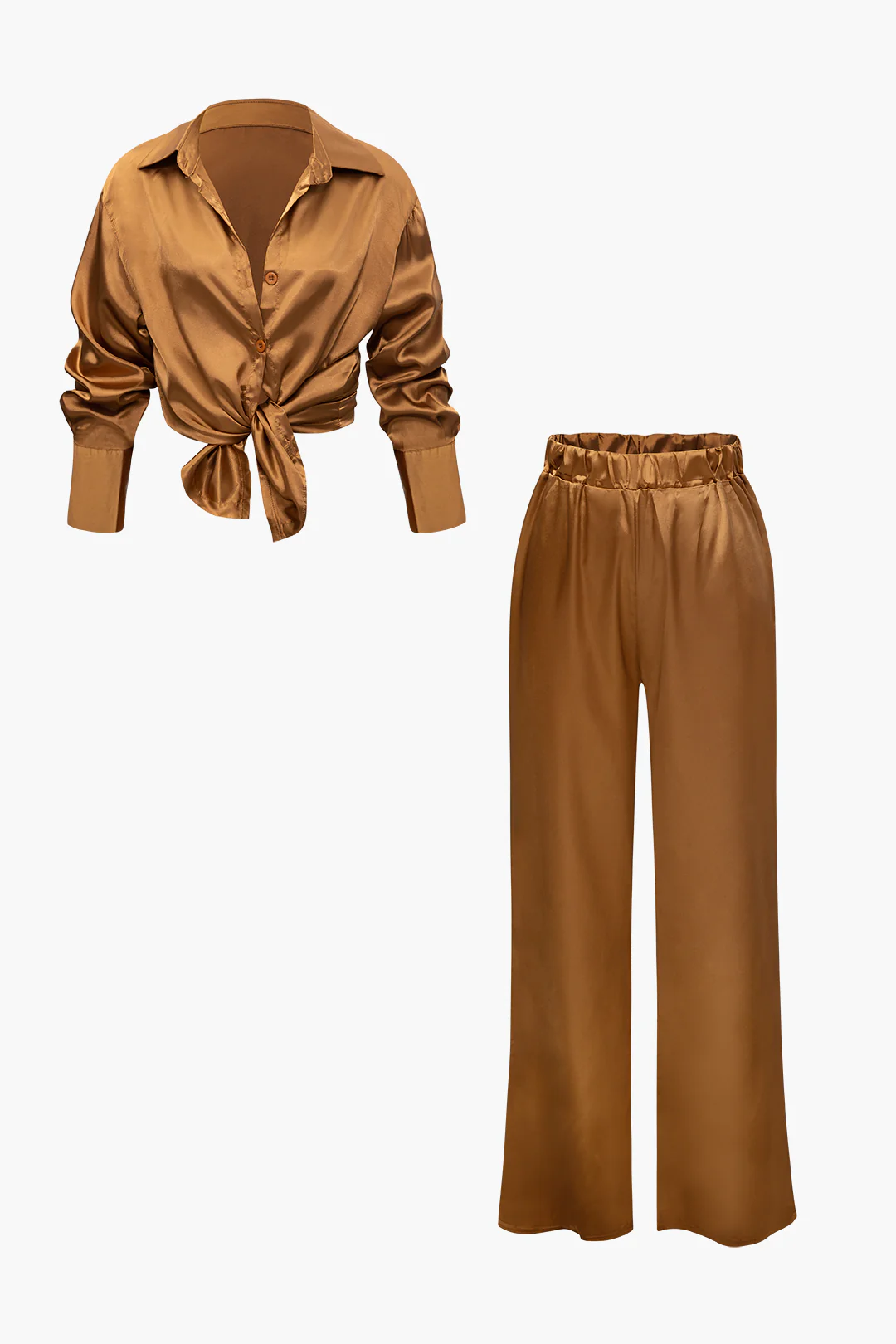 Satin Button-Up Long-Sleeve Shirt and Pants Ensemble