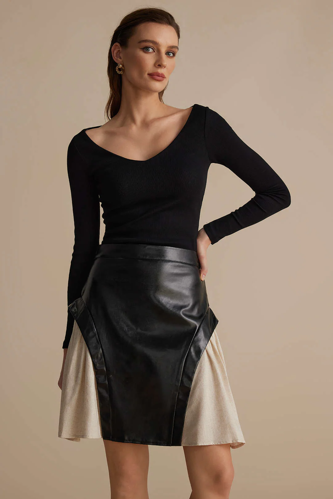 Color Block Patchwork Ruched Zip Skirt