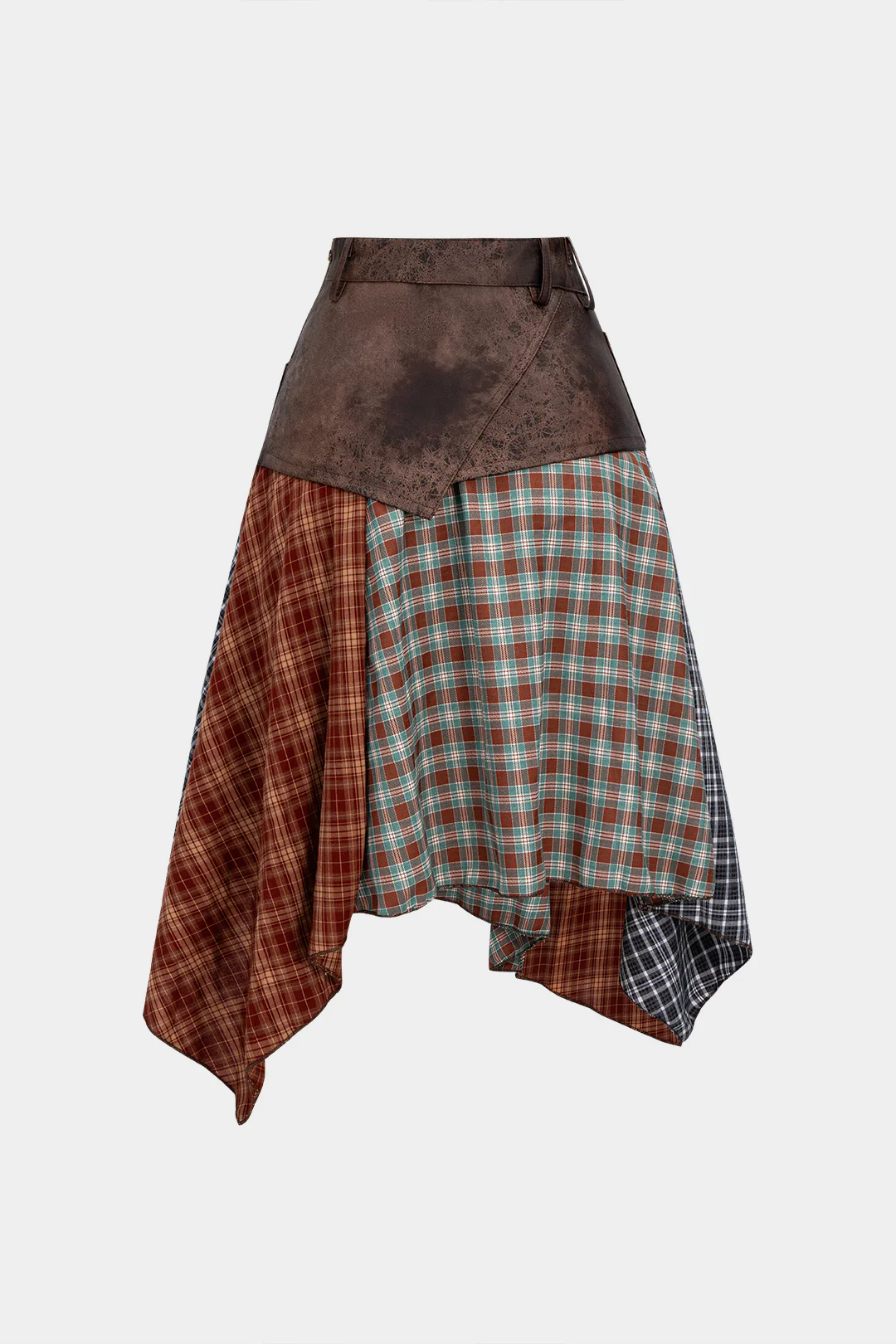 Plaid Contrast Print Faux Leather Patchwork Asymmetrical Hem Skirt