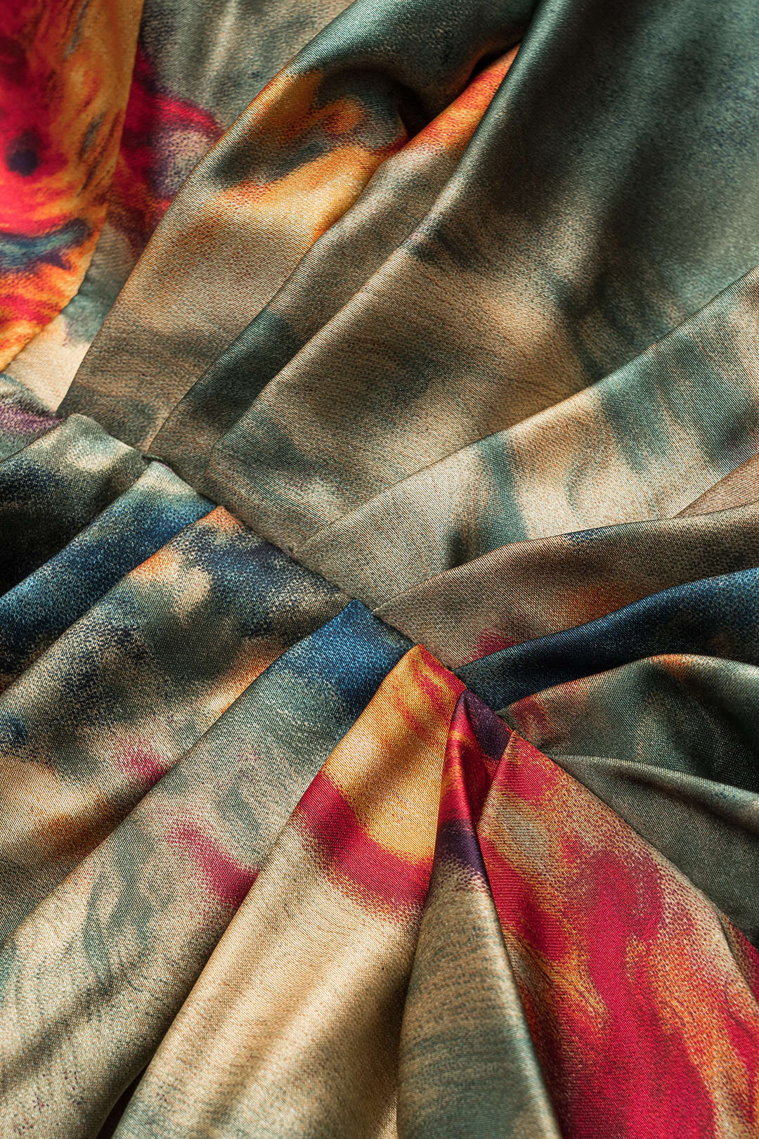 Plus Size Abstract Print Satin Zipper Cowl Neck Sleeveless Midi Dress