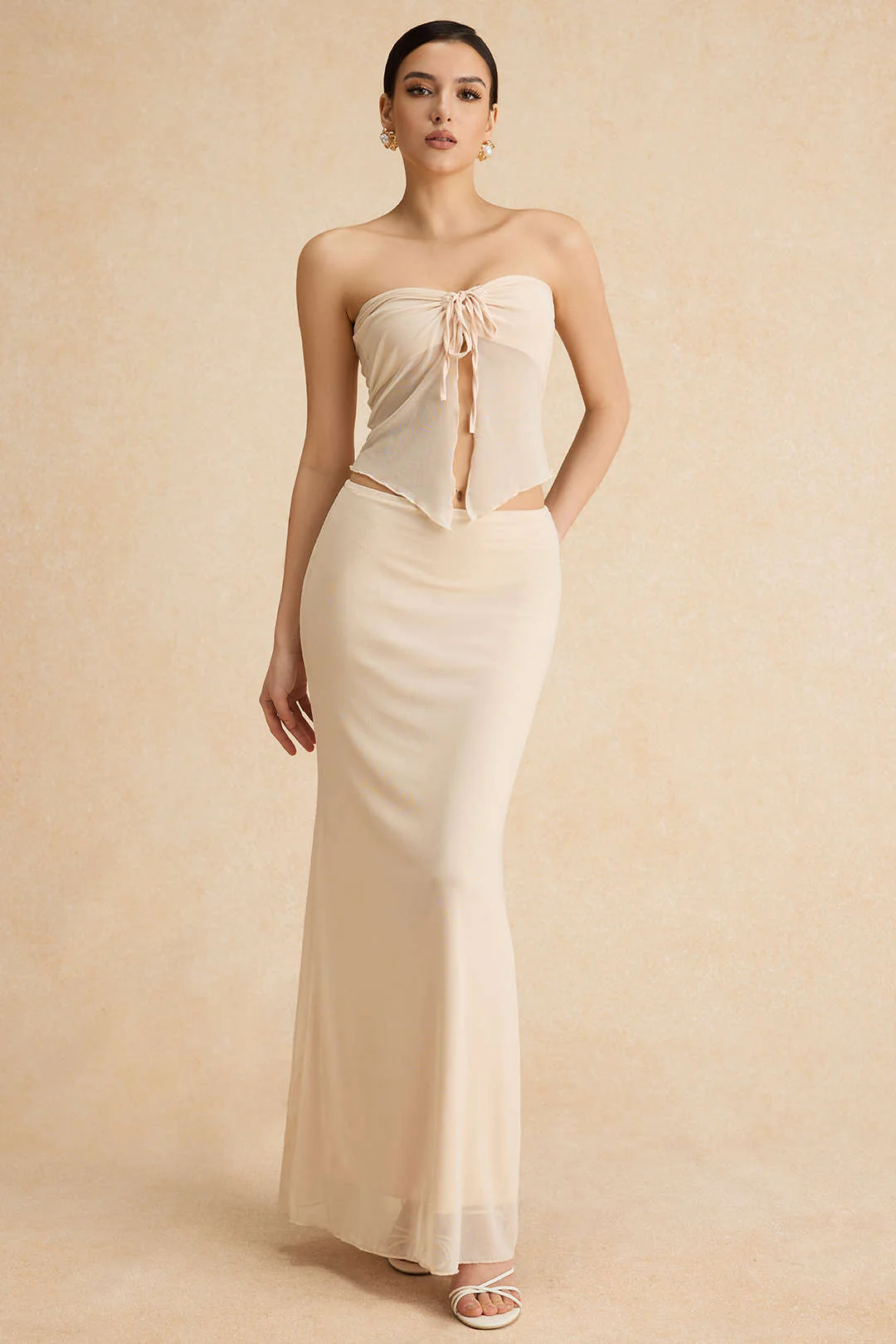 Ruched Sleeveless Double-Layered Mesh Split Strapless Top and Maxi Skirt Ensemble