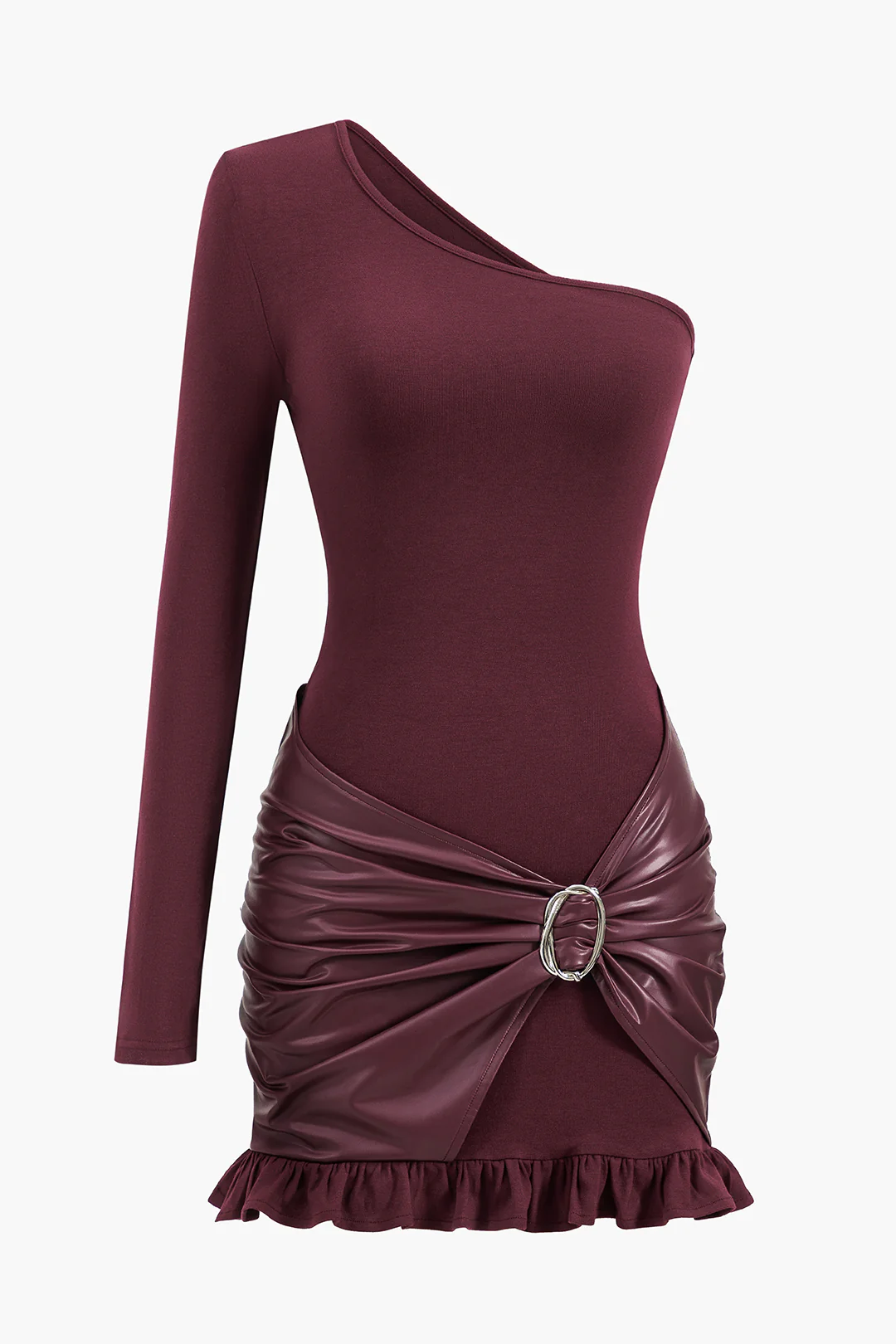 Faux Leather Patchwork Asymmetric Long Sleeve Mini Dress