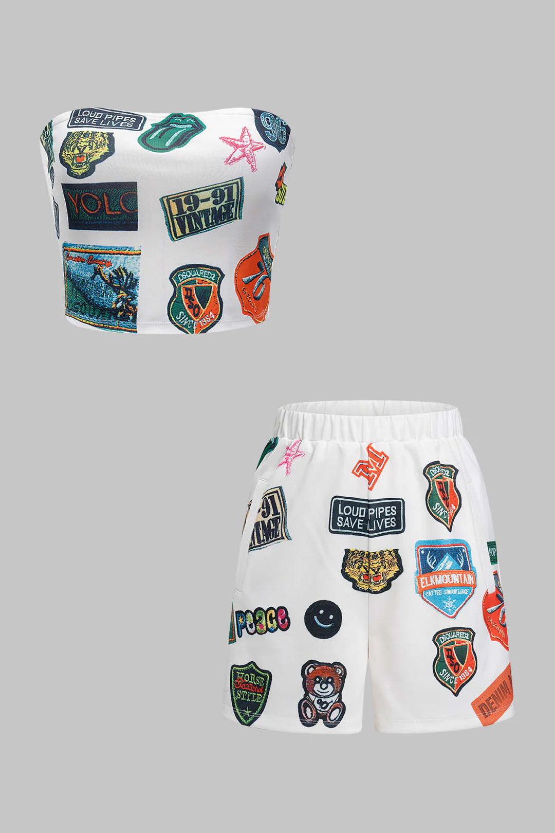 Vintage Print Tube Top and High-Waisted Shorts Set
