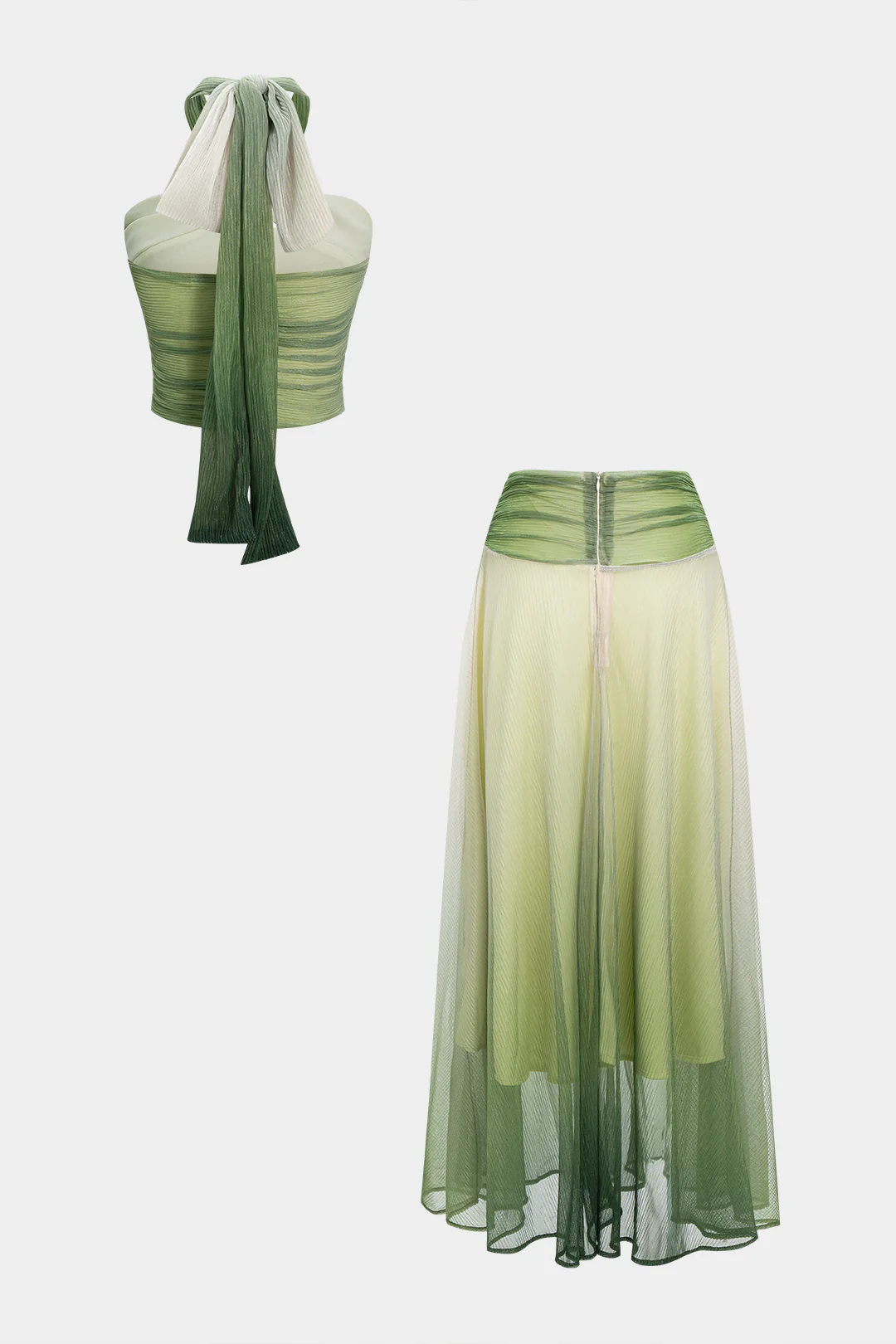 Watercolor Halter Neck Tie-Back Backless Camisole and Ruched Skirt Set