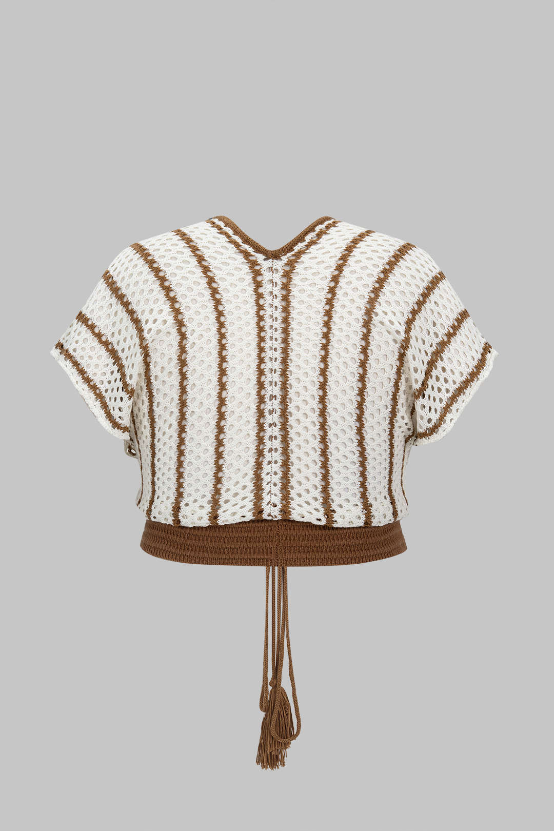 Plus Size Knitted Striped Print Tie-Up Fringe Short-Sleeve Top