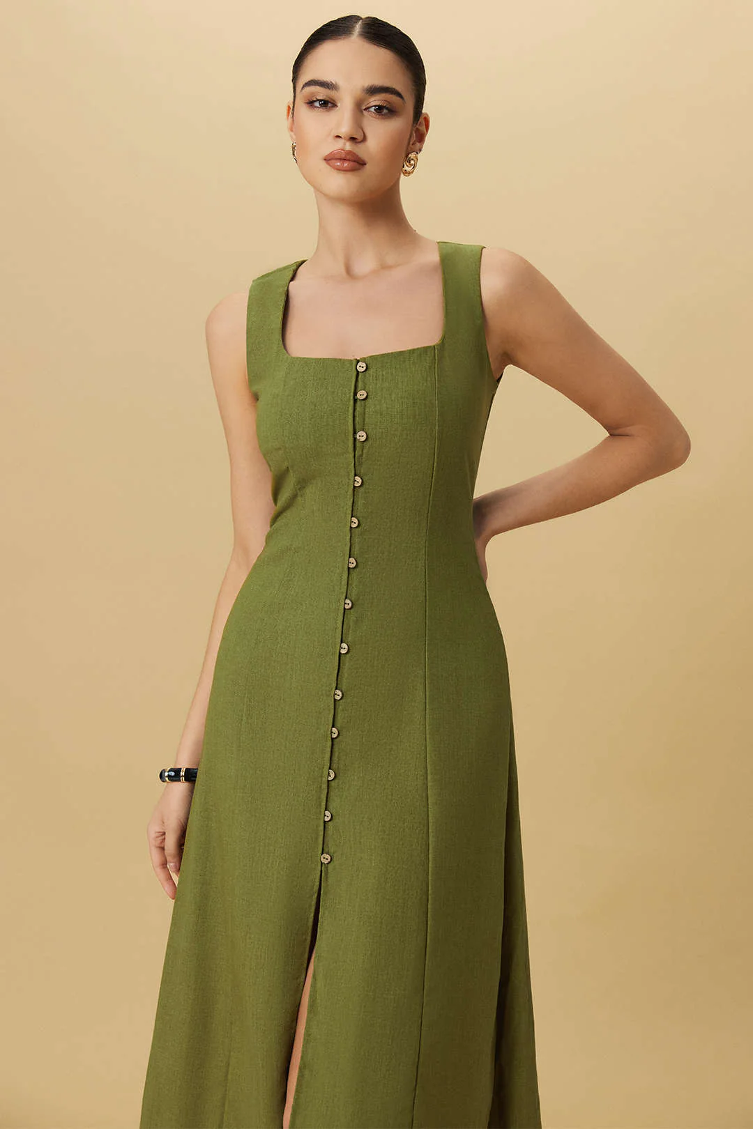 Buttoned Square Neck Sleeveless Midi Tank Dress
