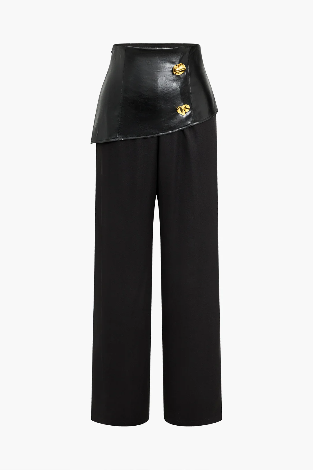Solid Faux Leather Patchwork Button Trousers