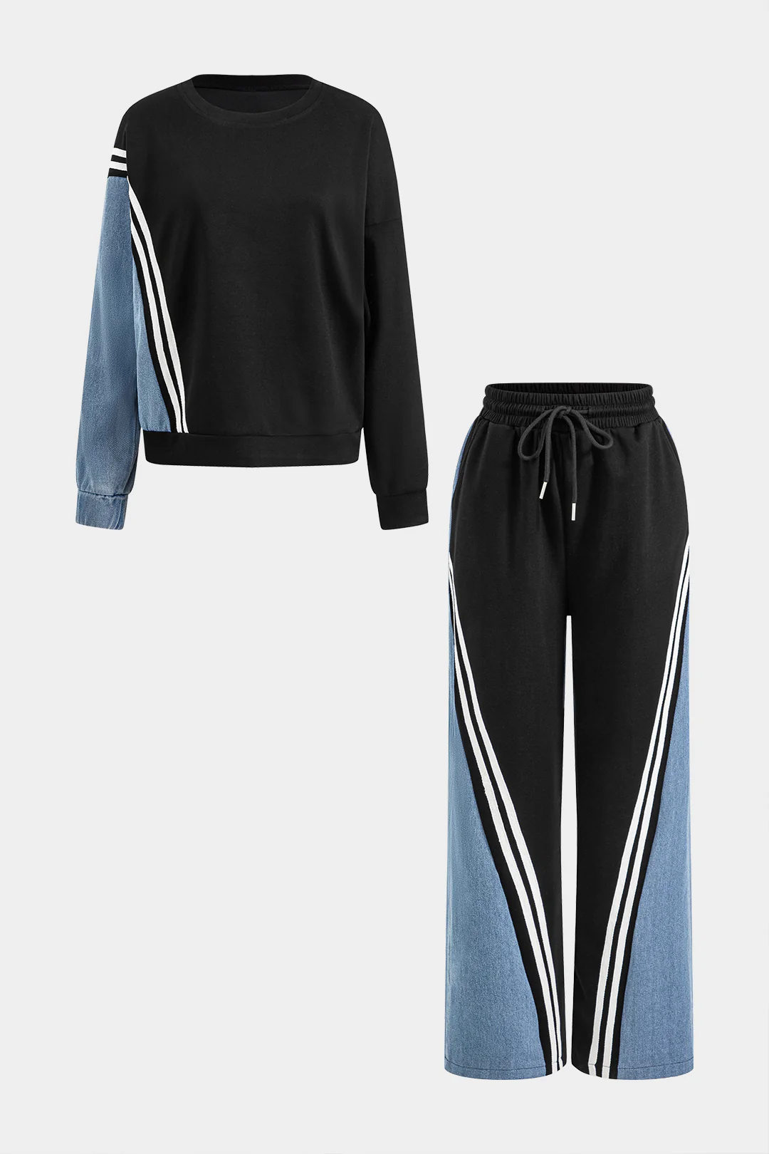 Denim Patchwork Round Neck Long Sleeve Top with Drawstring Pocket Trousers Set