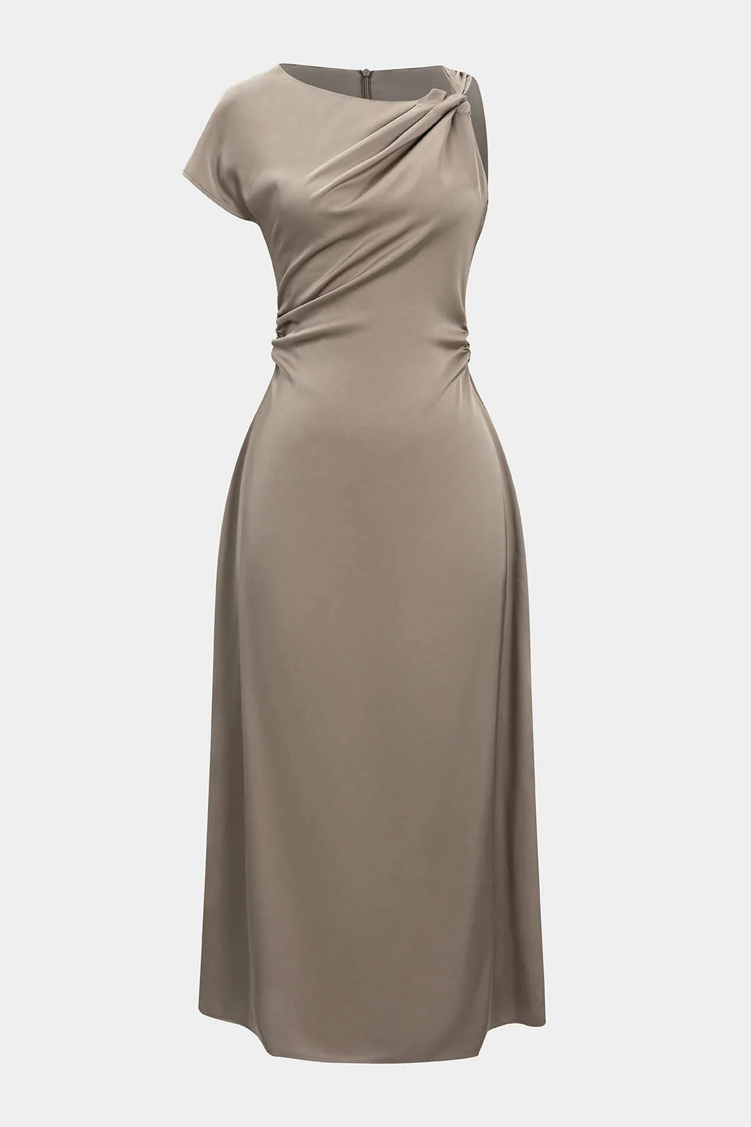 Satin Ruched Asymmetric Twist Knot Midi Dress