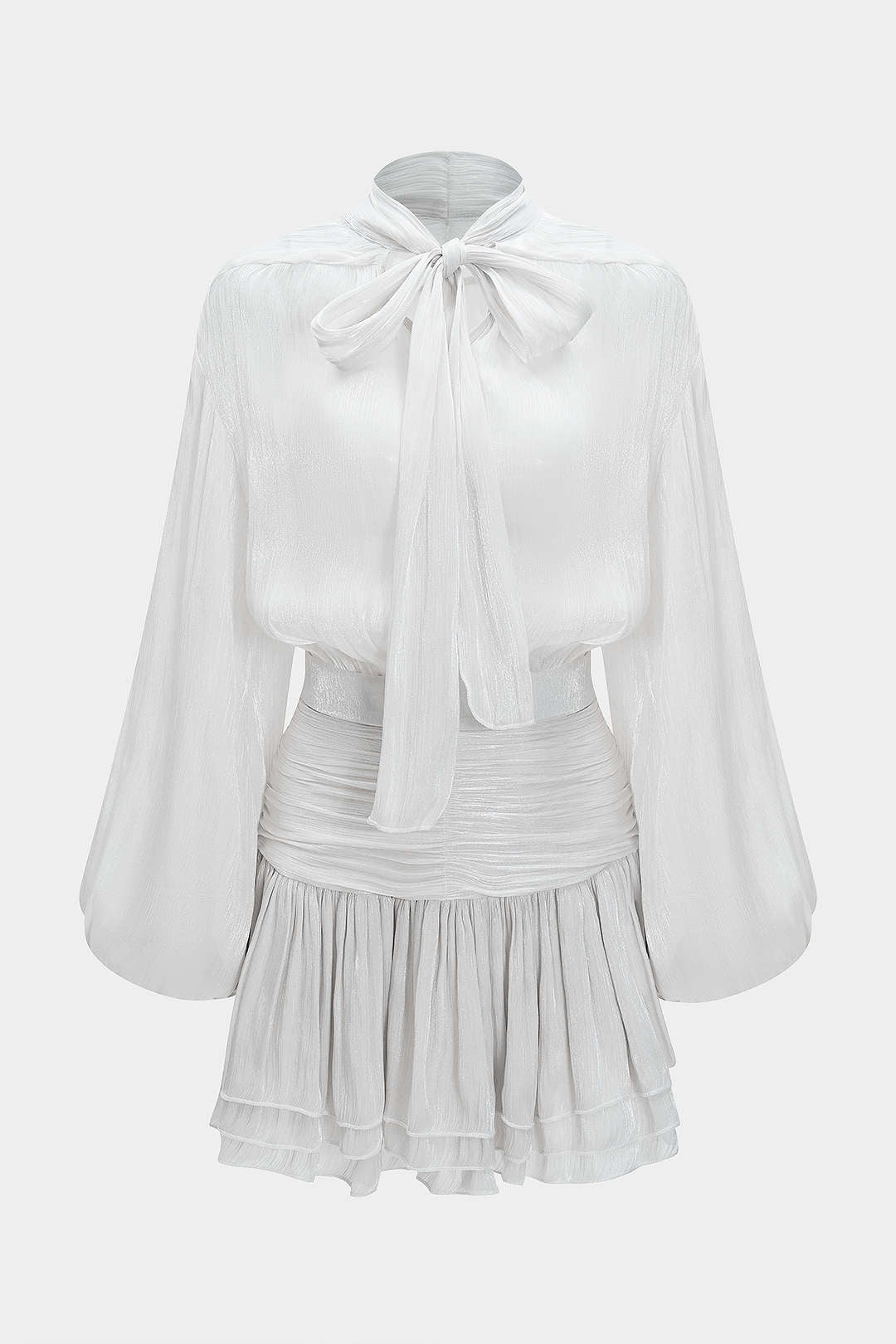 Bow Tie-Up Long-Sleeve Top And Ruched Mini Skirt Set