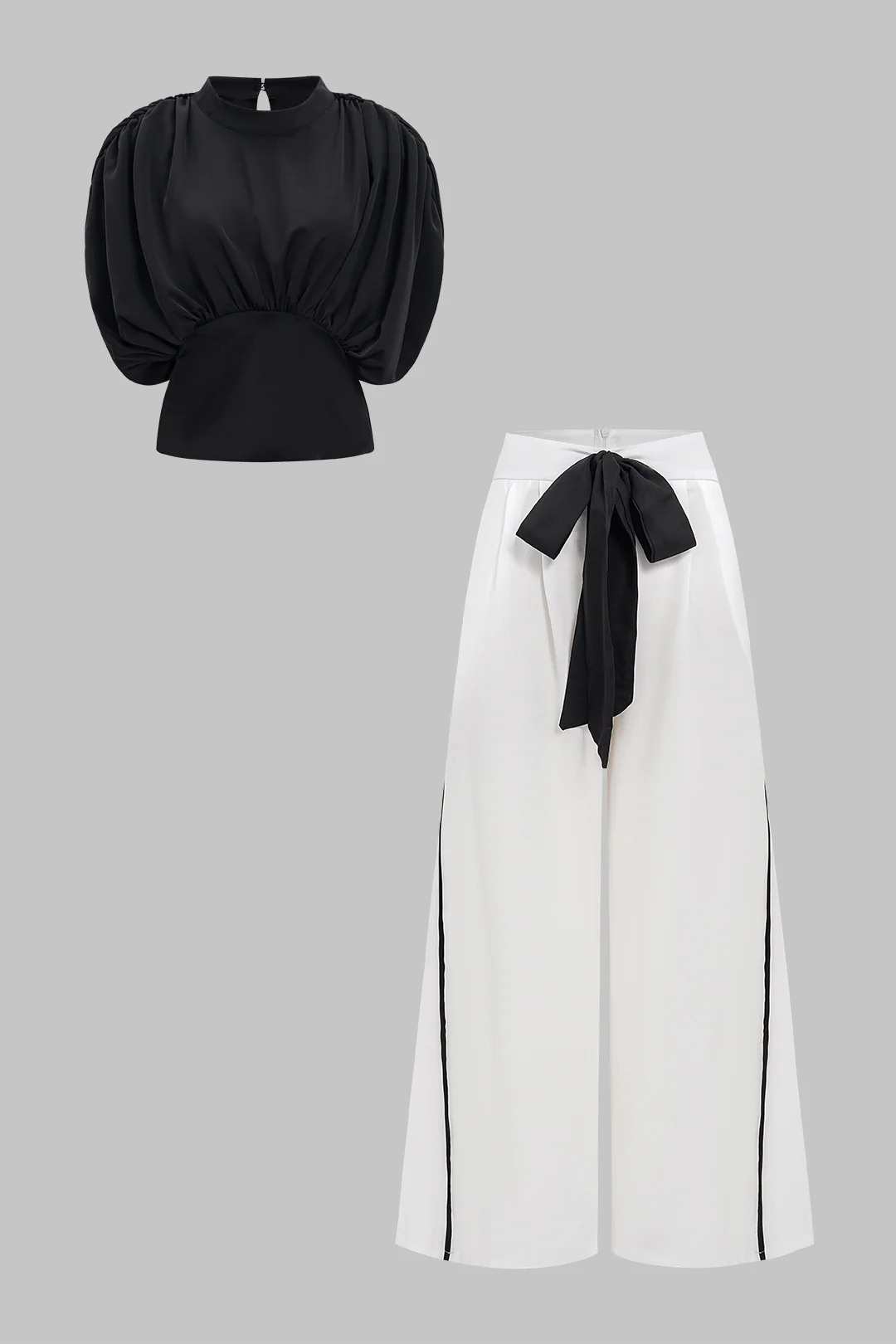 Waist-Cinching Ruched Short-Sleeve Top and Contrast Tie-Front Wide-Leg Trousers Set