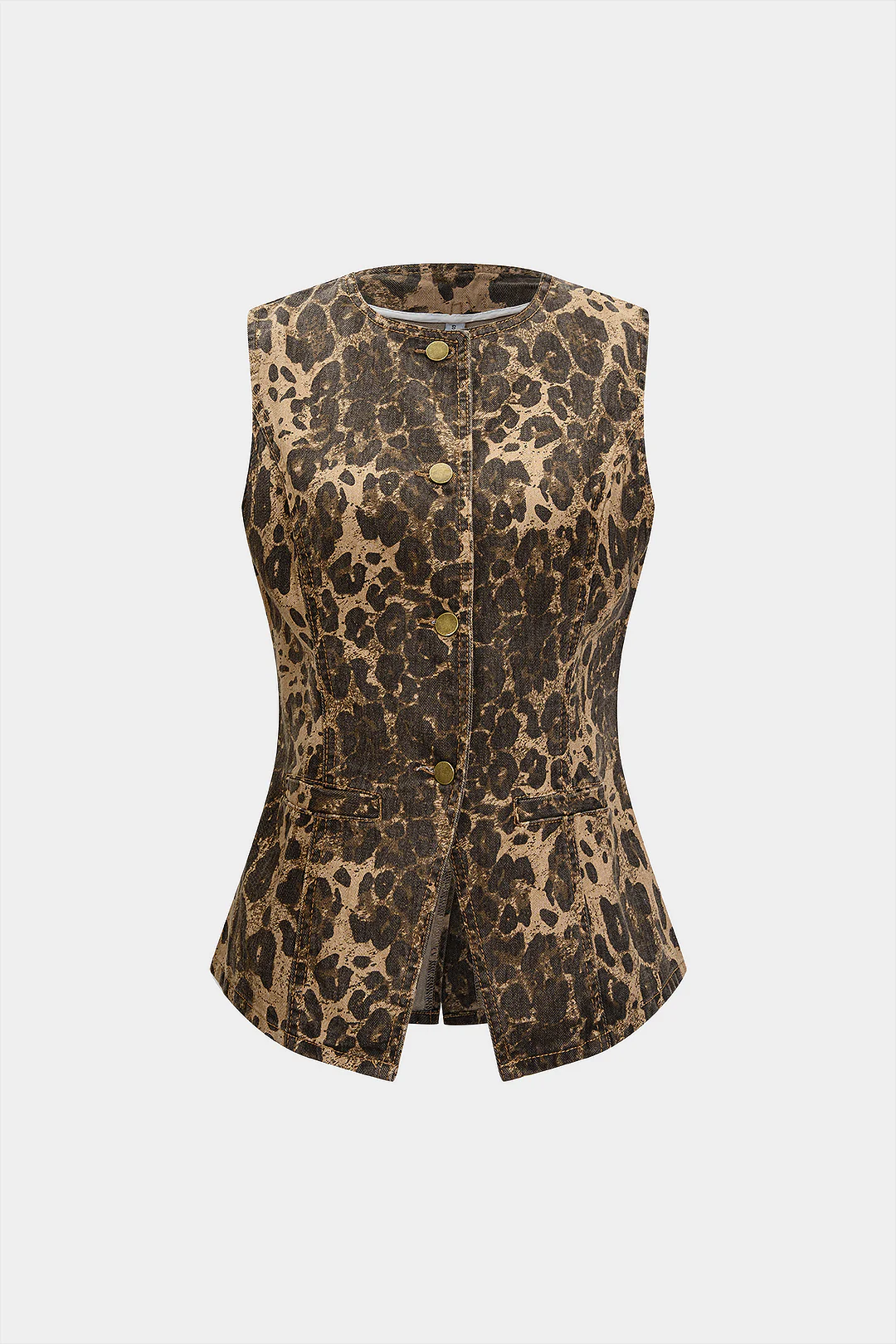 Leopard Print Denim Button Fake Pockets Tank Top