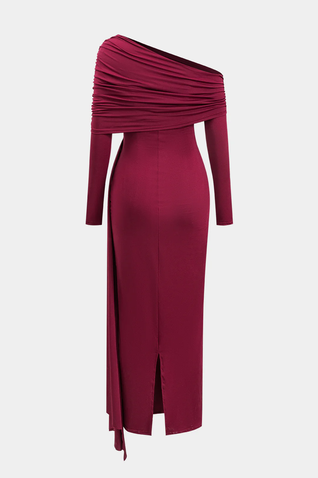 Ruched Asymmetrical Neck Long Sleeve Slit Maxi Dress