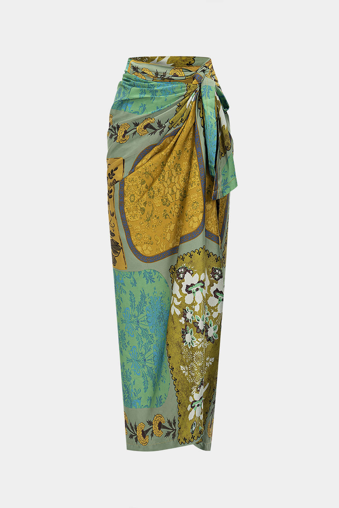 Retro Print Satin Tie Front Skirt