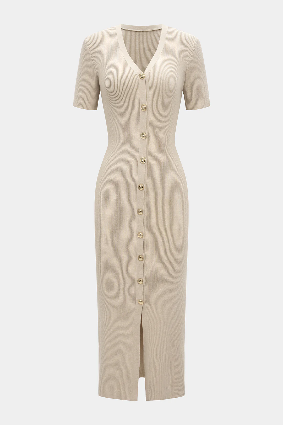 Knit Button V-Neck Short Sleeve Dress