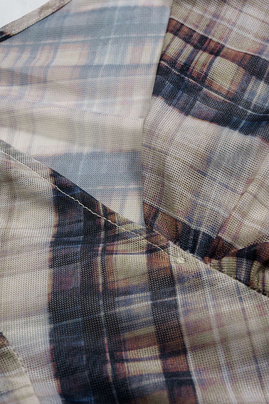 Plaid Print Mesh Ruched Long-Sleeve Top