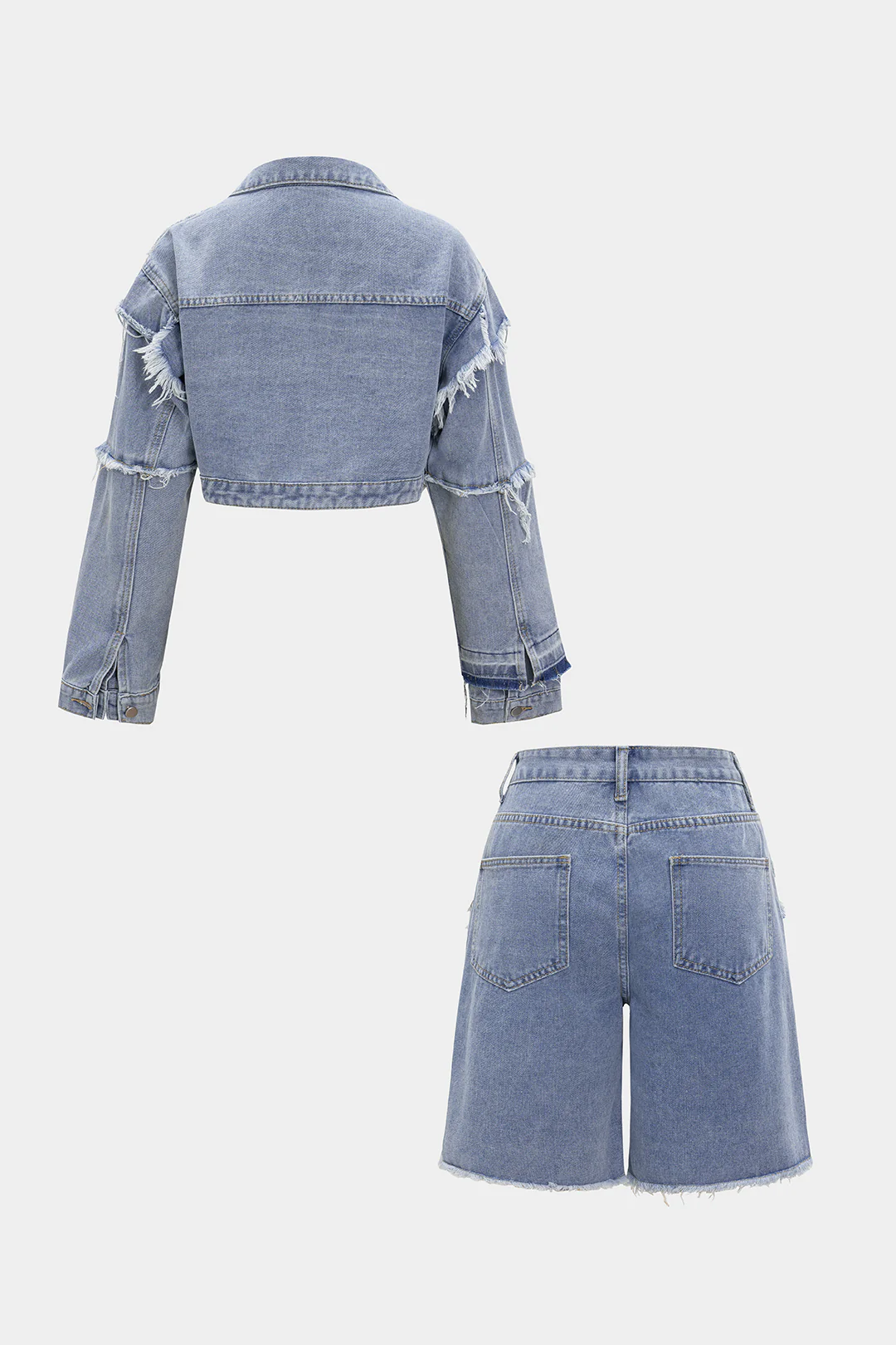 Denim Ripped Patched Long-Sleeve Top And Jorts Set