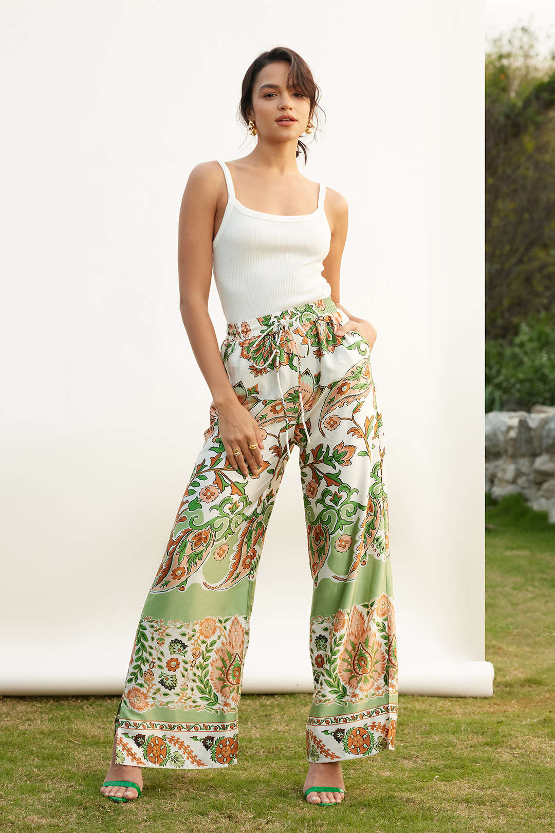 Floral Pattern Drawstring Split Wide-Leg Trousers
