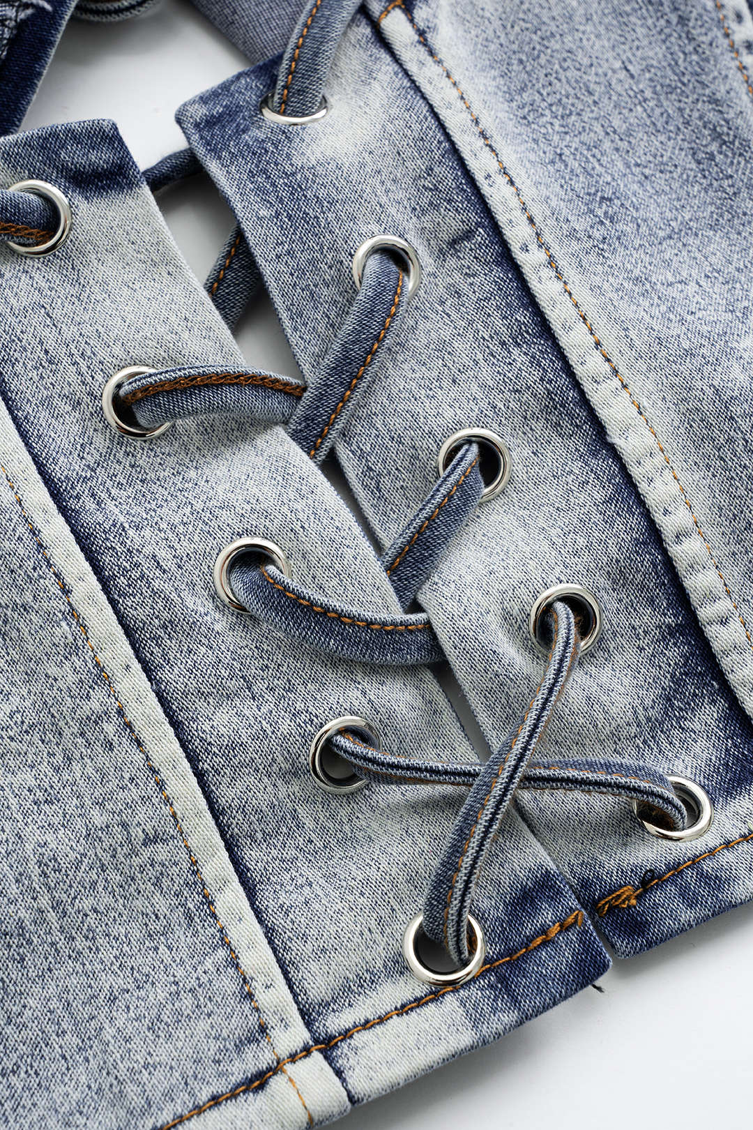 Denim Tie Up Halter And Mini Skirt Set