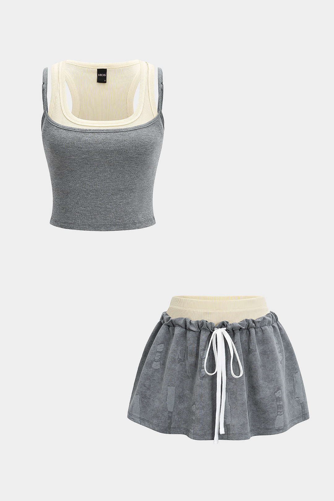 Patchwork Tank Top And Double Waistband Drawstring Skirt Set