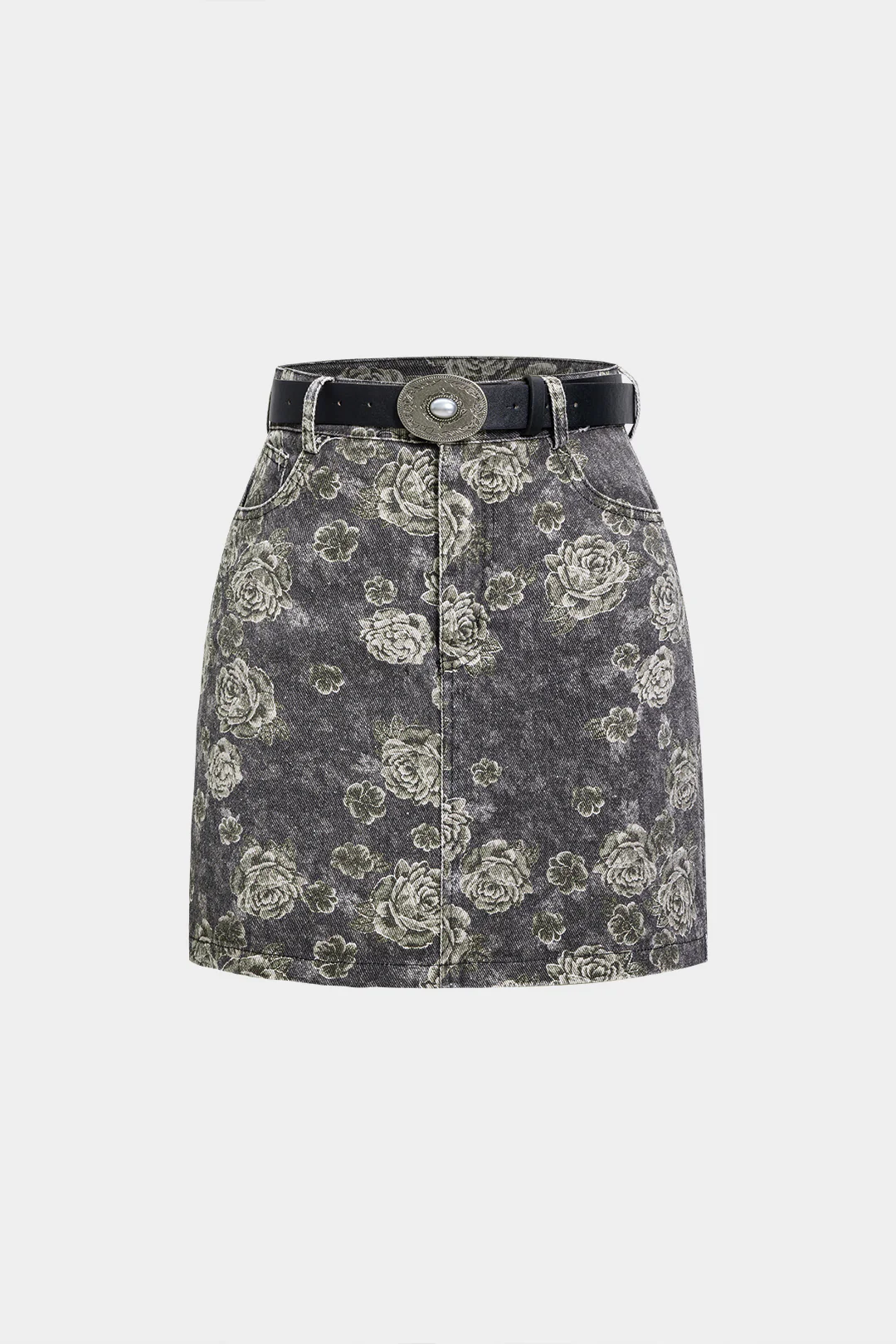 Floral Print Denim High Waist Belted Mini Skirt